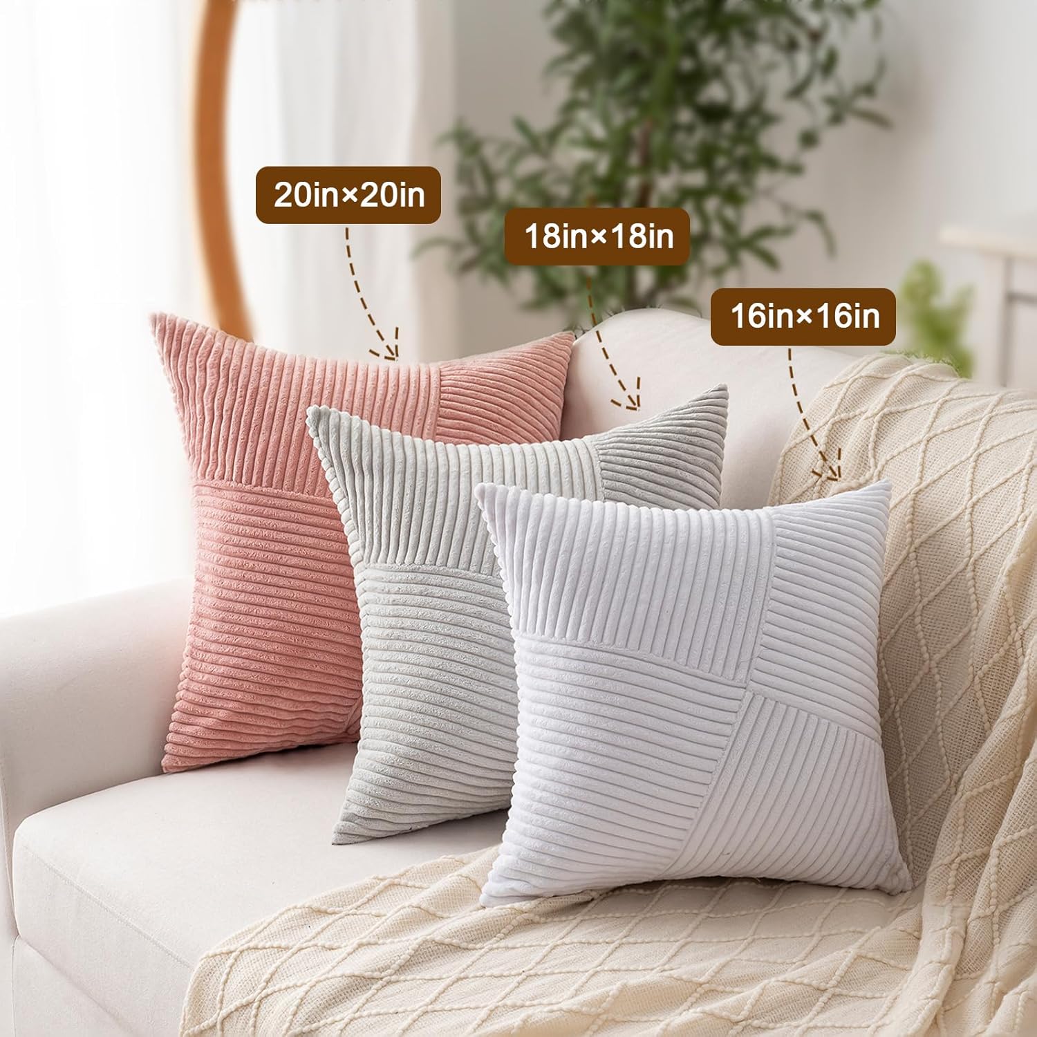 Decorative Throw Pillow Covers 18x18 Inch Set of 2 for Boho Living Room Farmhouse Home Decor, Spring Pillow Covers for Couch Bed, Soft Corduroy Striped Patchwork Cushion Cases, Cream White - Image 5