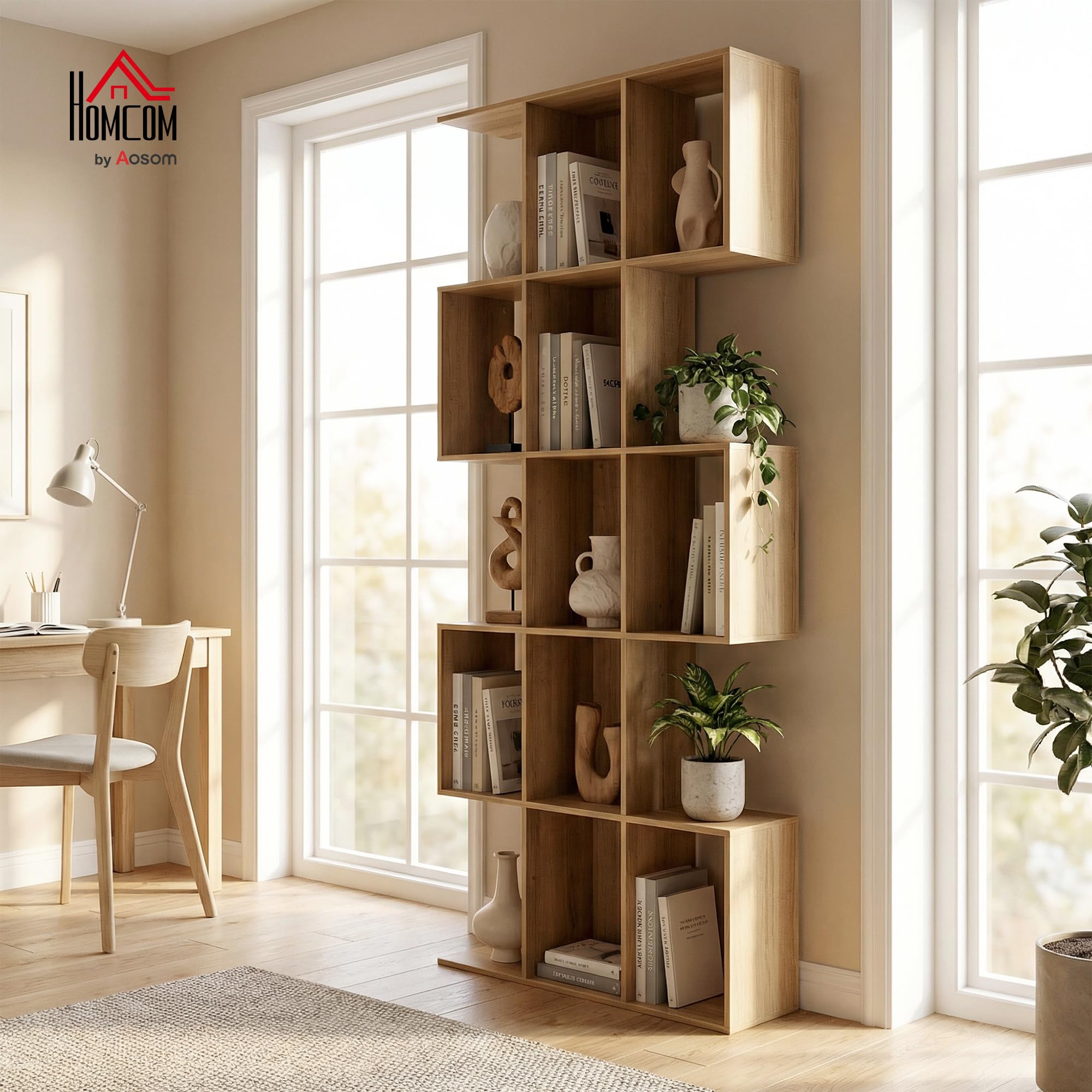 HOMCOM Libreria Scaffale a 5 Ripiani in Legno a Forma di S, Libreria Verticale Salvaspazio con 15 Compartimenti, Scaffale Portaoggetti per Soggiorno, Camera da Letto e Ufficio, Rovere