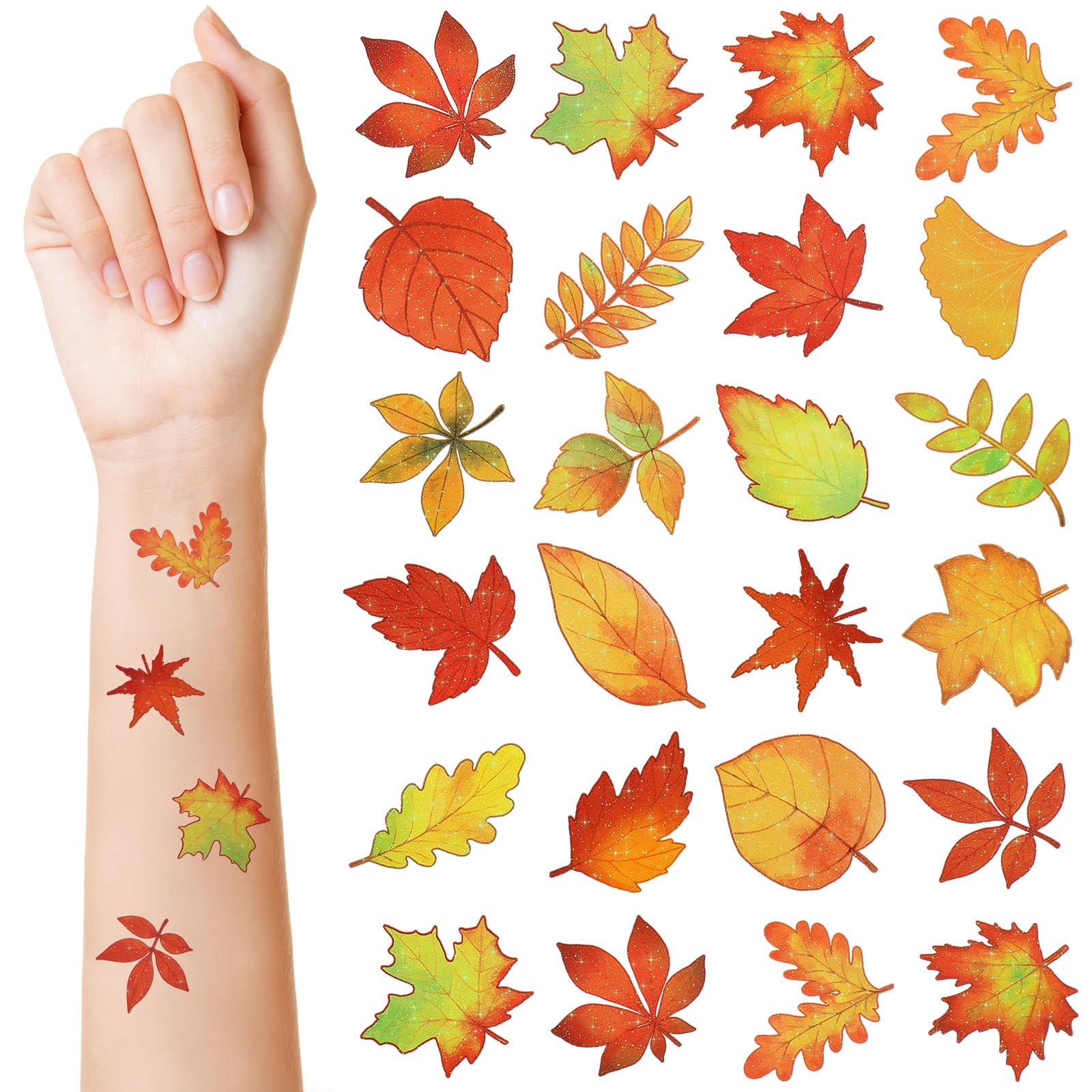 Landhoow 240 Pcs Fall Glitter Temporary Tattoos for Kids, Fall Leaves Maple Fall leaves glitter, festive