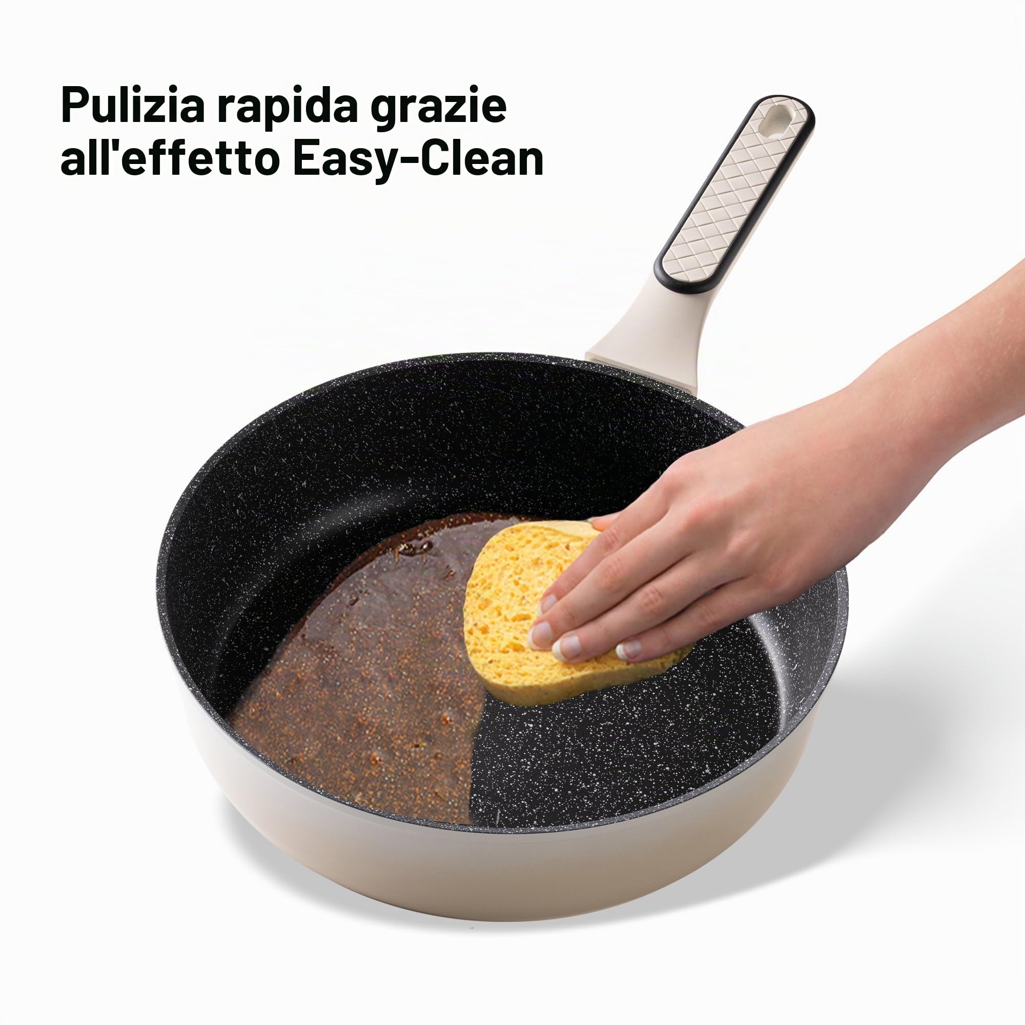 STONELINE Padella Alta 28 cm Con Coperchio, Antiaderente, Grande a Bordi Alti, Rivestimento Con Vere Particelle di Pietra, a Induzione, Tutti i Piani Cottura, Colore Crema
