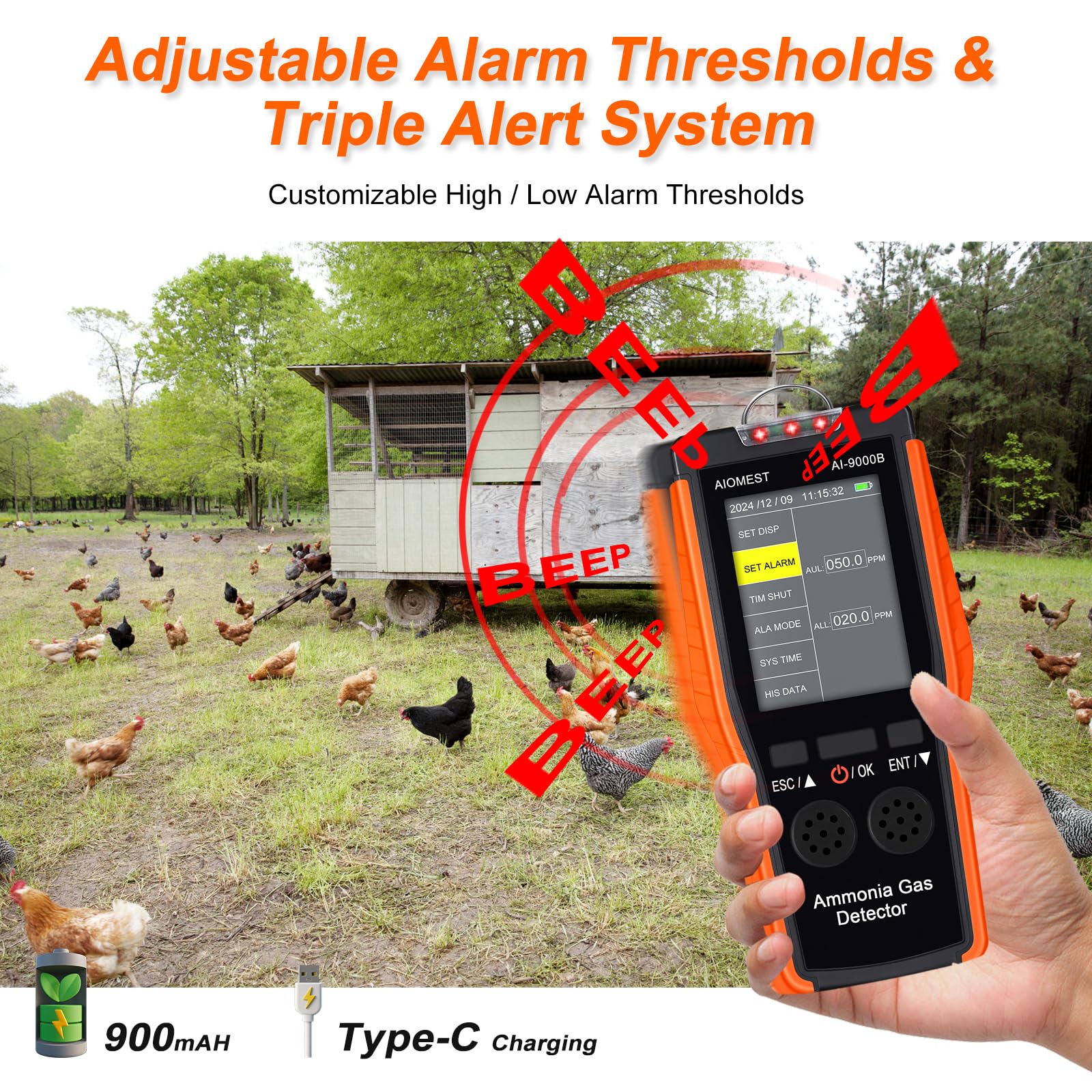 Tragbarer Ammoniak NH3 Gas Detektor - AIOMEST Digitaler Amoniak Messgerät Detect NH3 Air 100PPM Gaswarner, 0.1PPM Präzision, Data Logging, NH3 Sensor​​ AI-9000B für Kühlraum Landwirtschaft Tierstall
