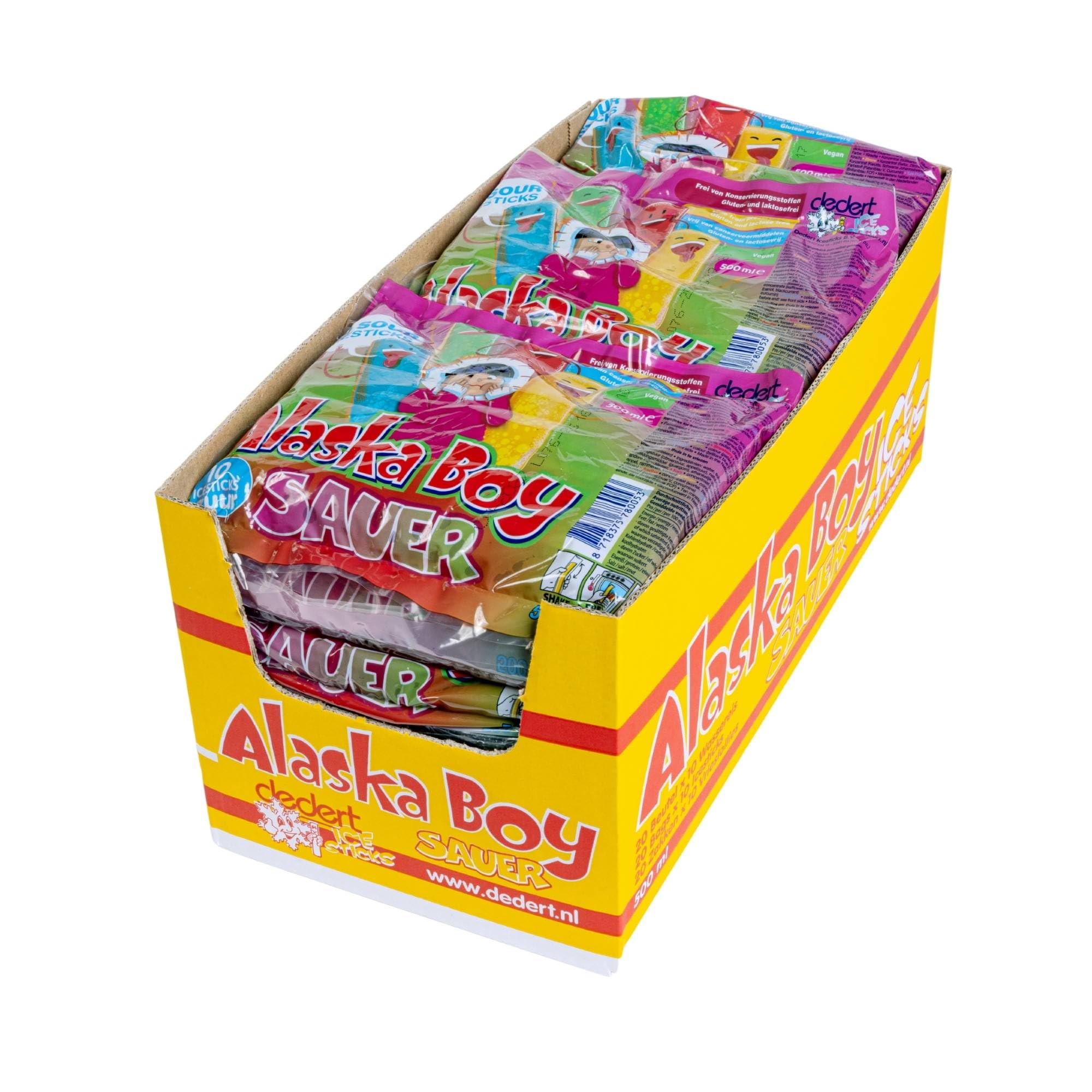Alaska Boy Icesticks Sauer (20x 500ml) | 200x Wassereis mit je 50ml | Vegan, Glutenfrei und Laktosefrei | Wassereis-Großpackung mit 5x Geschmacksrichtungen Stangeneis zum einfrieren