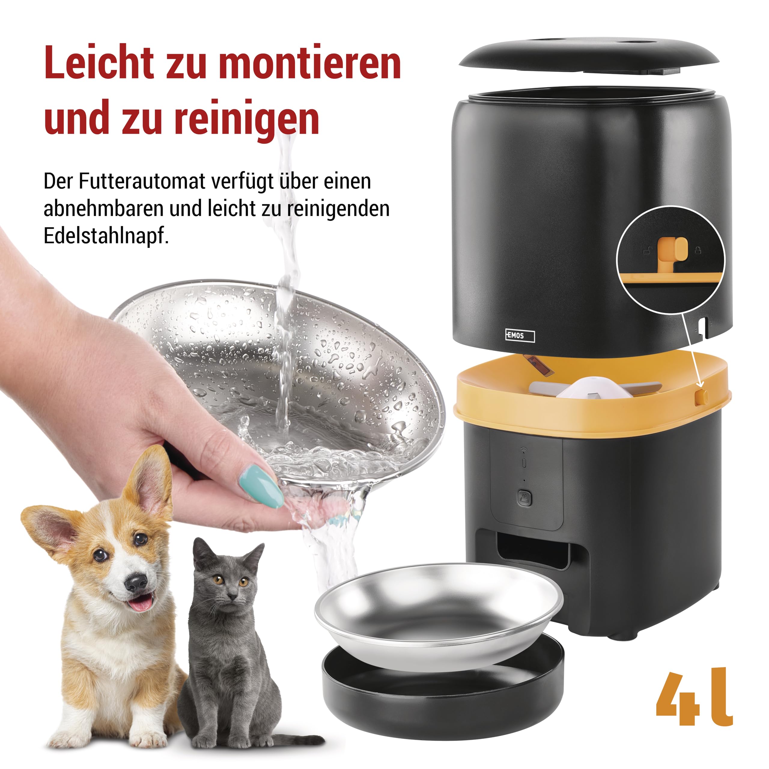 EMOS - GoSmart Futterautomat 4 l - WLAN Pet Care Futterspender mit App - Trockenfutter Automat für Katze & Hund mit Zeitplan, Sprachaufzeichnung, Dosierung 1–10 Mahlzeiten pro Tag - Schwarz