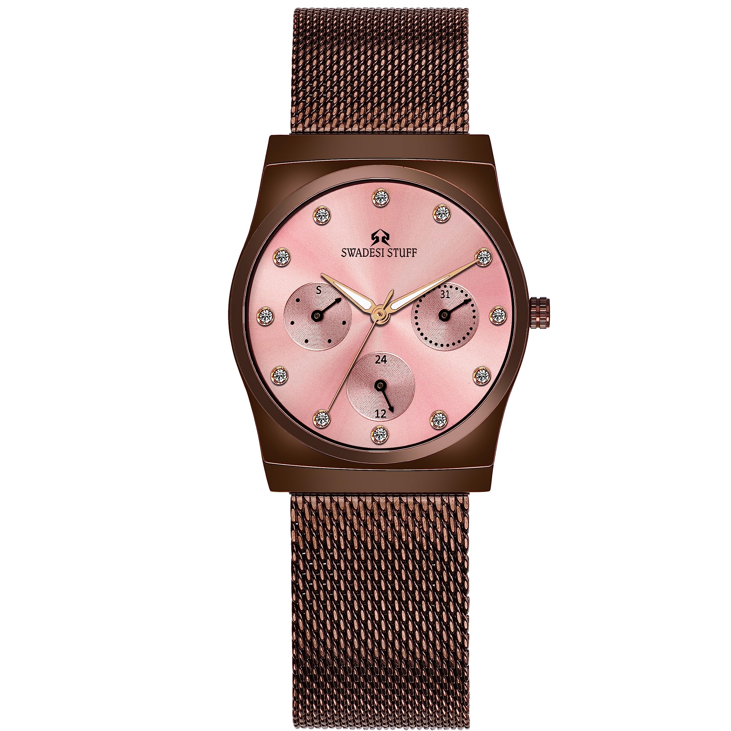 SWADESI STUFF Troika Chronograph Pink Dial Premium & Luxurious Stainless Steel Brown Strap Analog Watch for Women (B0C7865MFX) Amazon Price History, Amazon Price Tracker