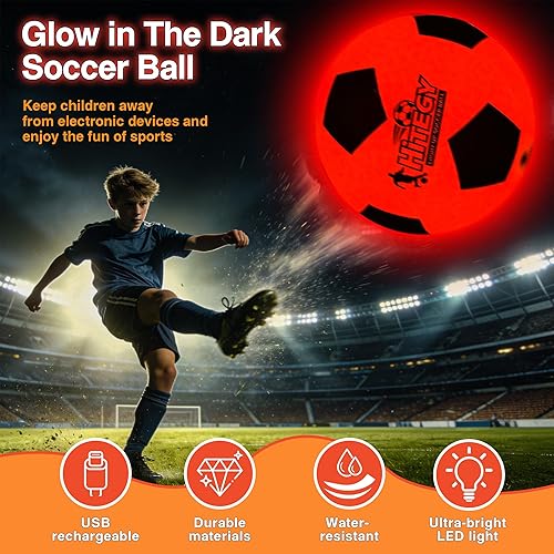 Miniatura 4 de Balón de fútbol que brilla en la oscuridad, resistente al agua, tamaño oficial 5, se ilumina con cada patada, incluye bomba, baterías manuales y