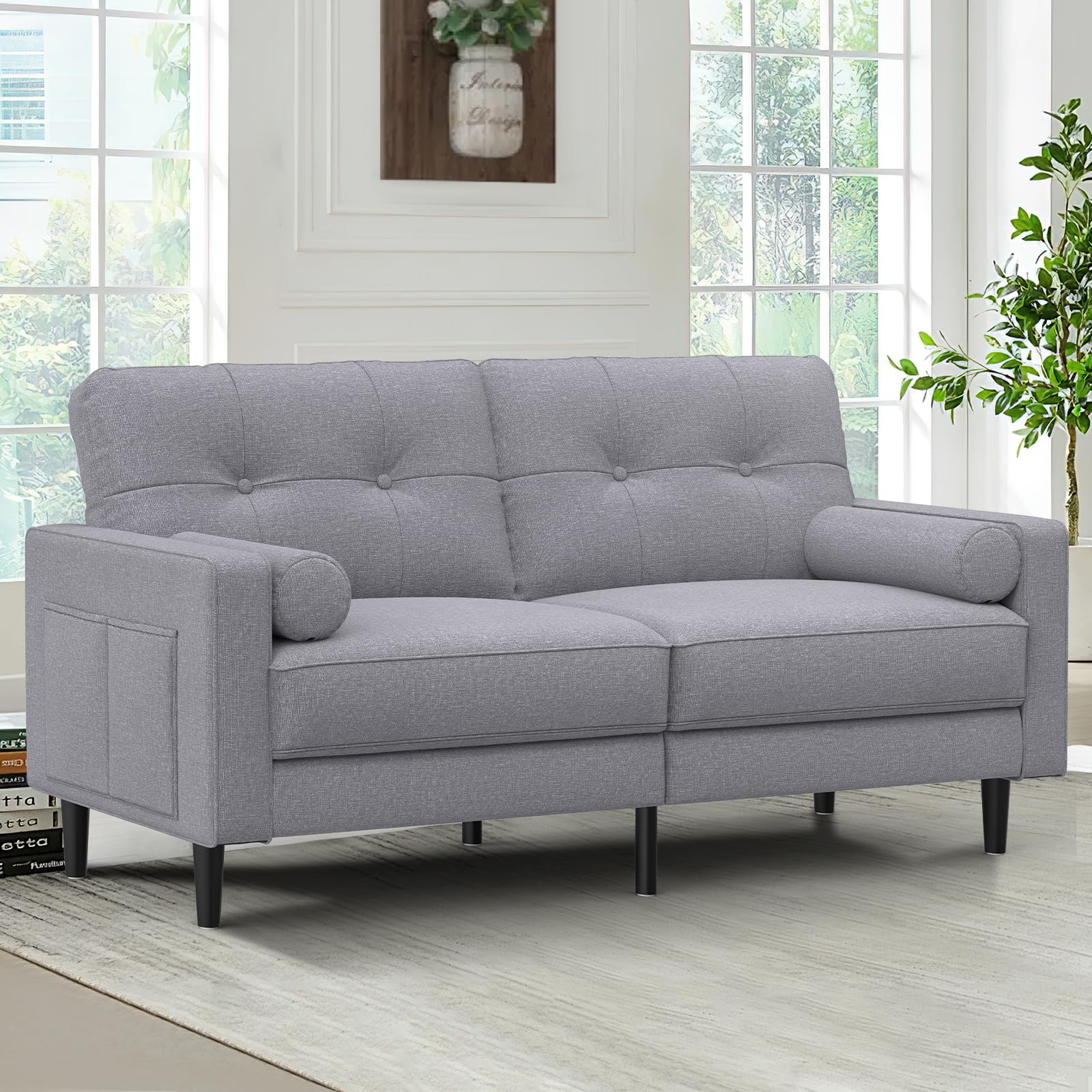 Sofá 2 Plazas, Cojines Gruesos, 2 Bolsillos (Gris Ceniza) | Cómodo Sofá 2 Plazas de Lino con 2 Almohadas, Bolsillos Laterales, Diseño Ergonómico y Fácil Montaje para Salón y Oficina