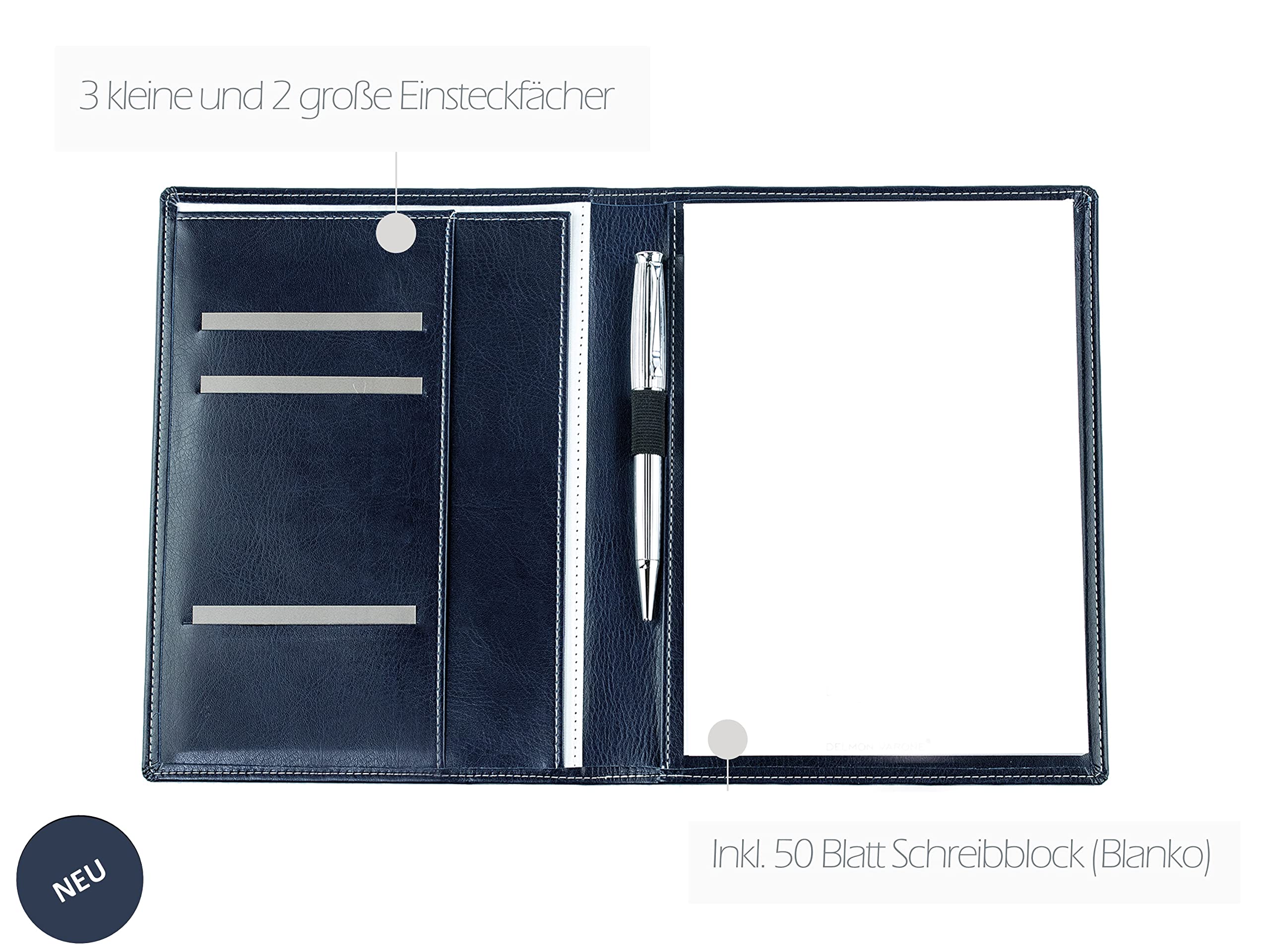 DELMON VARONE Porte-documents cuir synthétique DIN A5 Bleu Organiseur porte-stylo poche plaquée Dossier