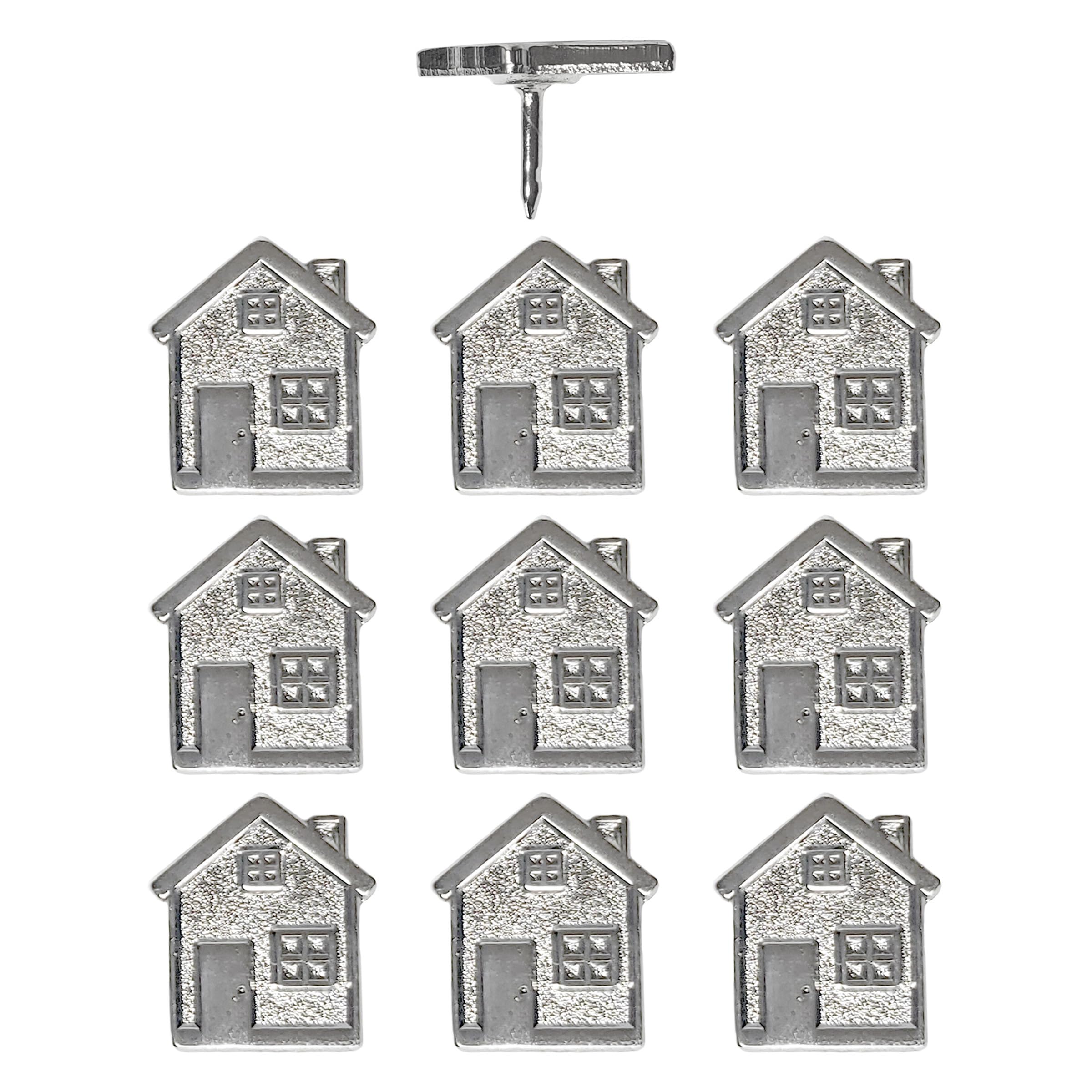Big House Push Pins - Silver Metal Home Pins - for Cork Board, Maps, or Lapel Pin Use - Designed in USA - Set of 10