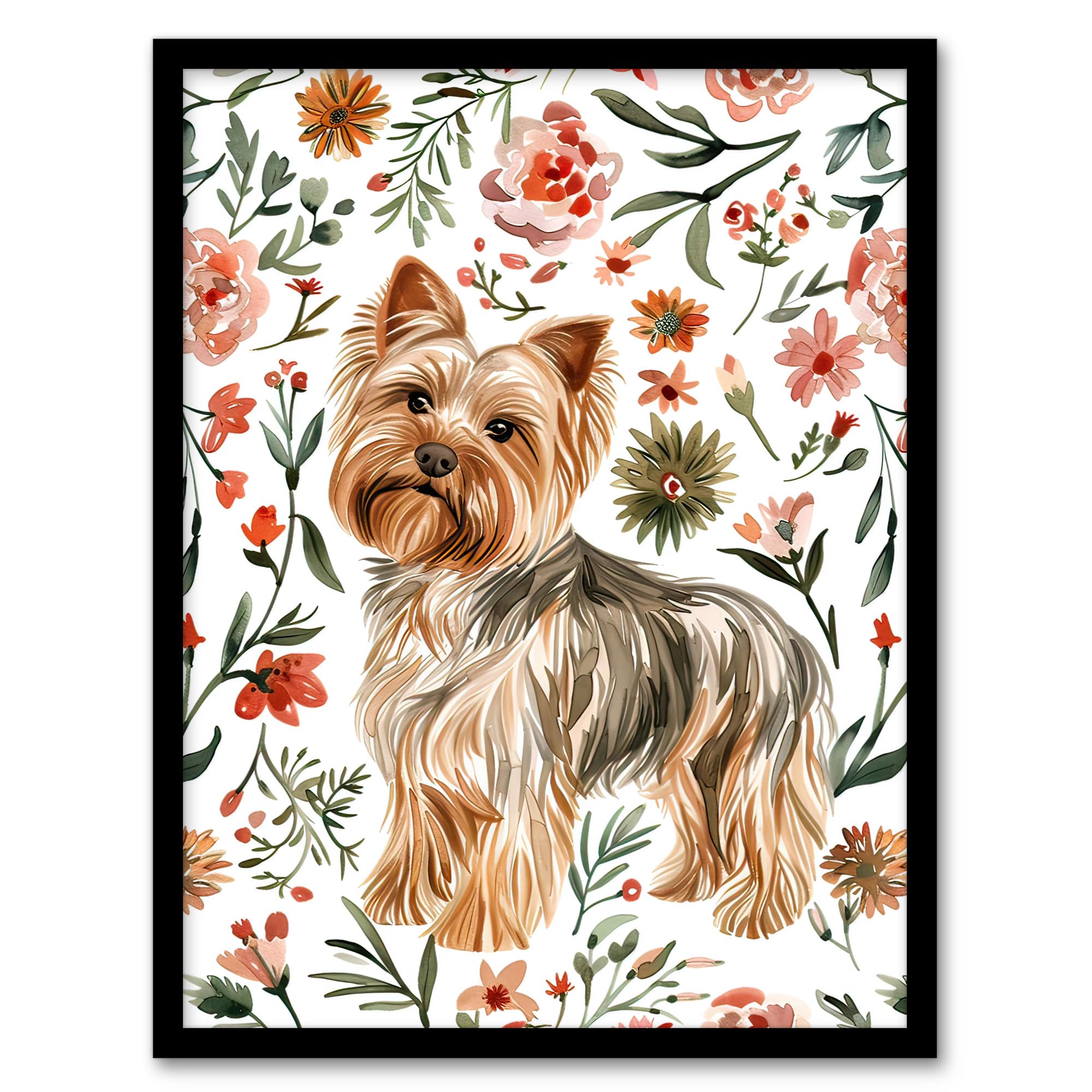 Yorkshire Terrier Dog Lover Pink Floral Art Print - Framed Wall Art