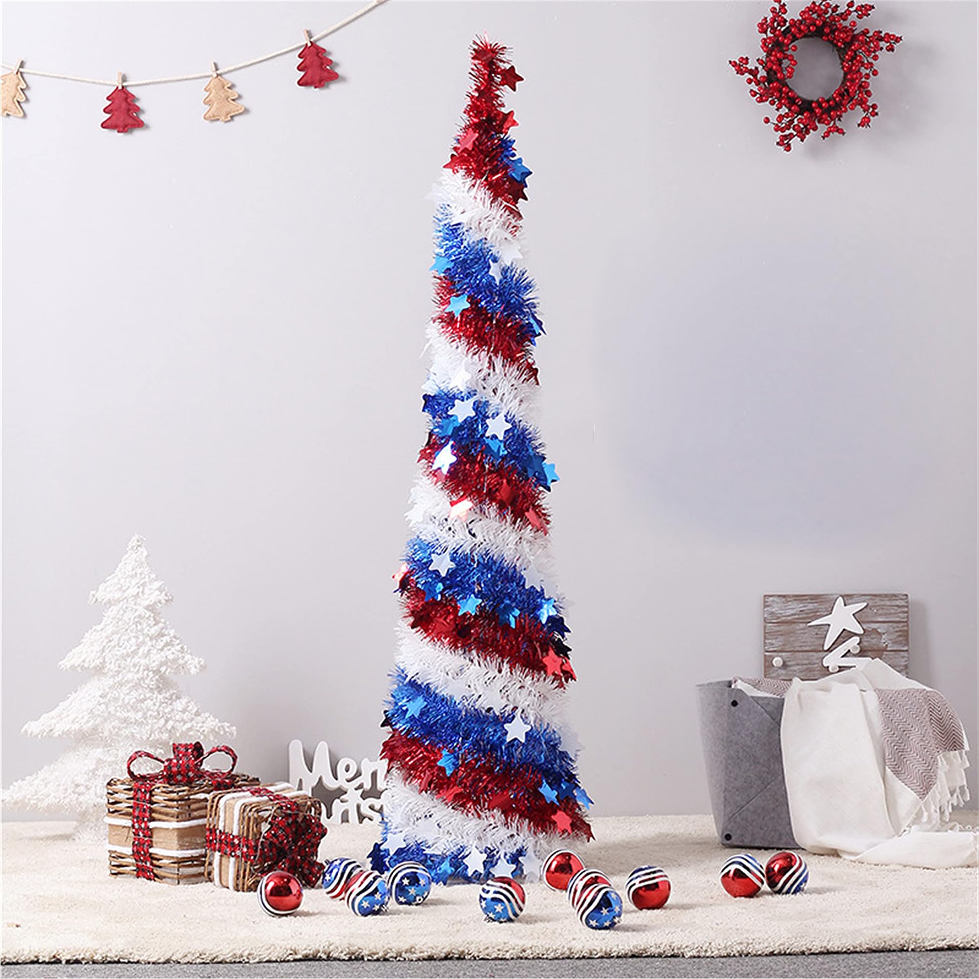 4th of July Decor, Patriotic Pop up Pencil Christmas Tree,4.9 Ft Christmas Tinsel Tree,Sequin Star Ornaments Garland Collapsible Tree for Independence