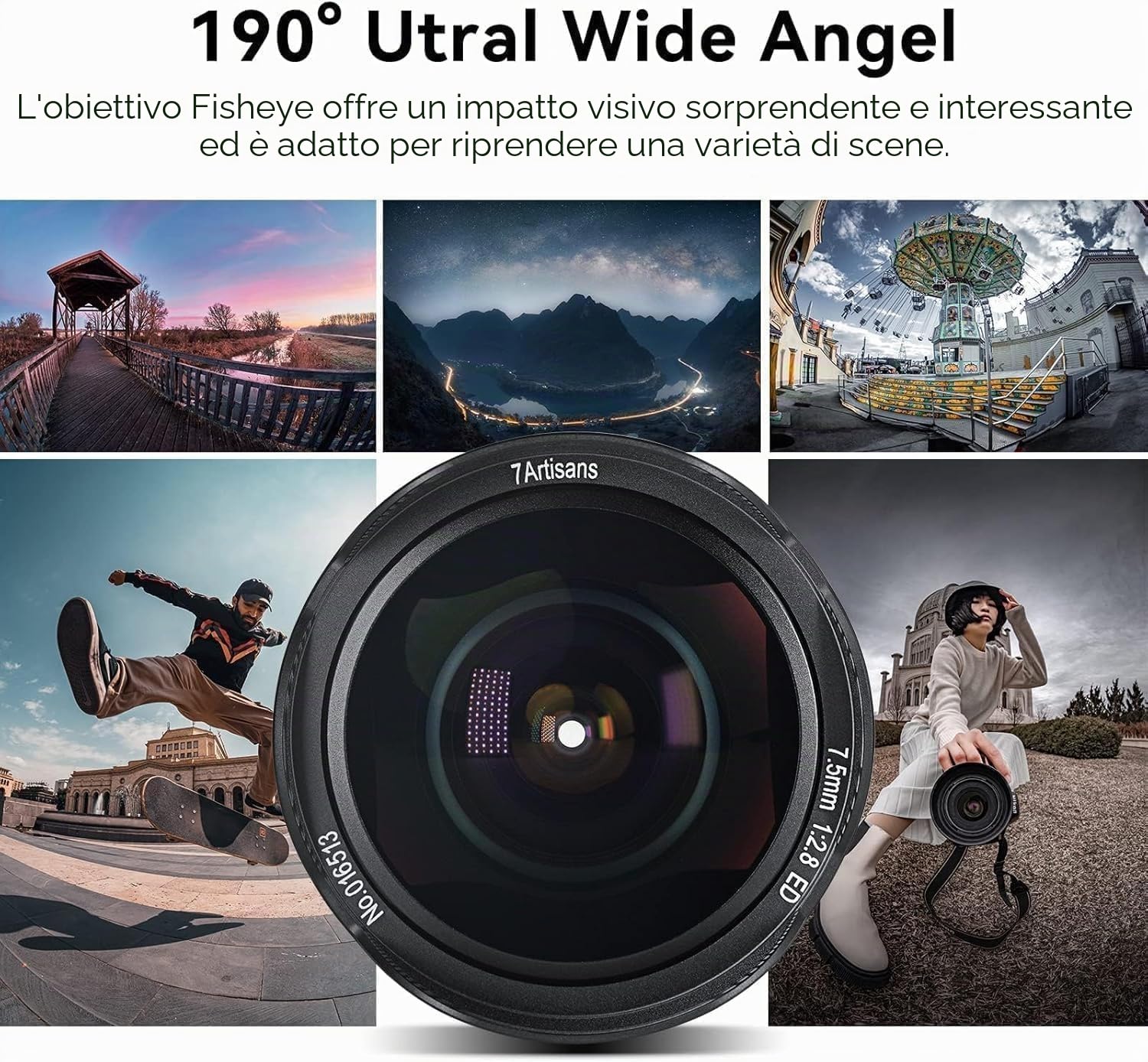 7Artisans 7.5mm F2.8 II Obiettivo per fotocamera mirrorless Fisheye APS-C per Sony A5000 A5100 A6000 A6300 A6500 NEX-5T A7III A7R III