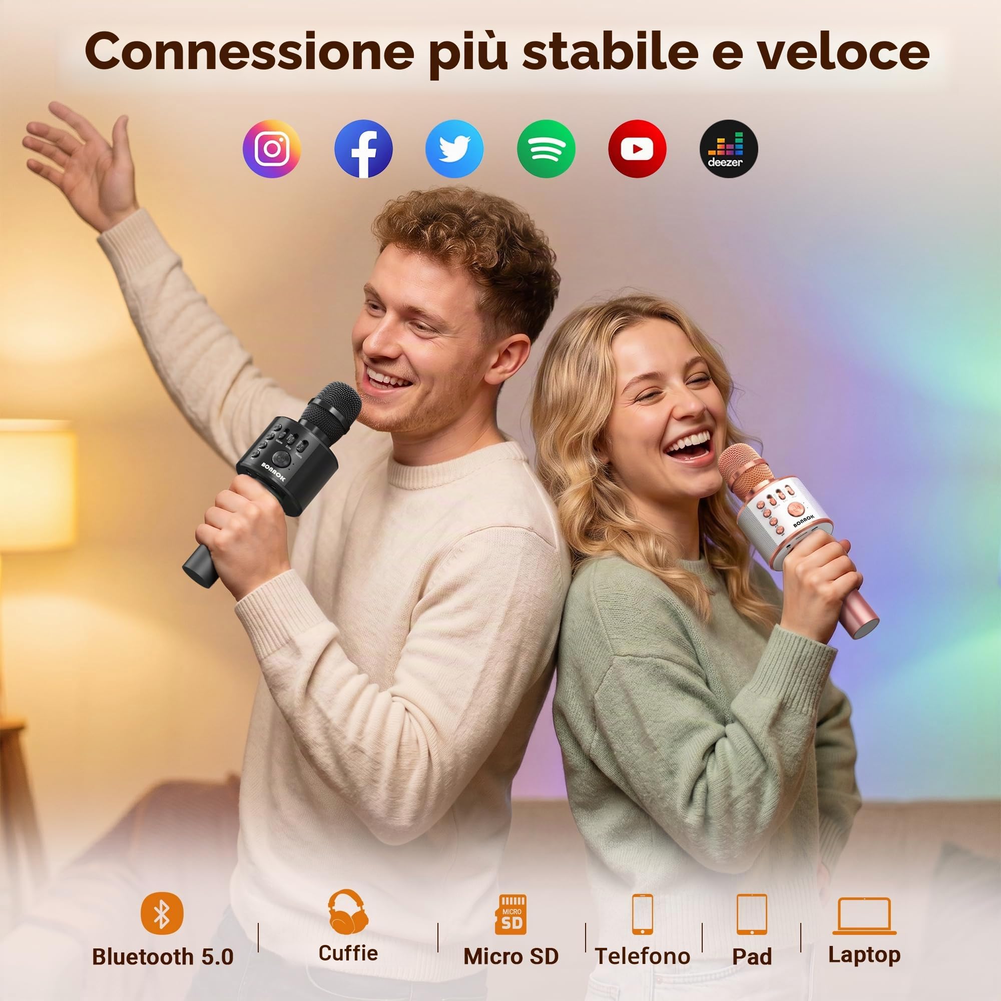 BONAOK Microfono Karaoke Wireless Bluetooth 3-in-1 Palmare Portatile Altoparlante Regalo Compleanno iPhone Android iPad PC Oro rosa