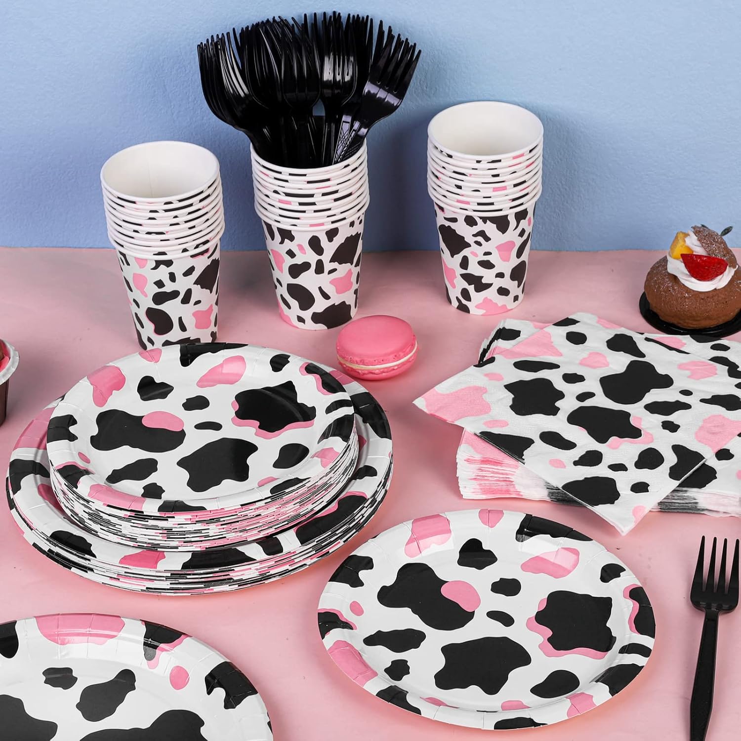 durony 144 Pieces Pink Cow Print Party Tableware Set Including Cowgirl Pink Cow Party Plates Cups Napkins Forks Serves 24 for Baby Shower Farm Cow Party Decorations - Image 5