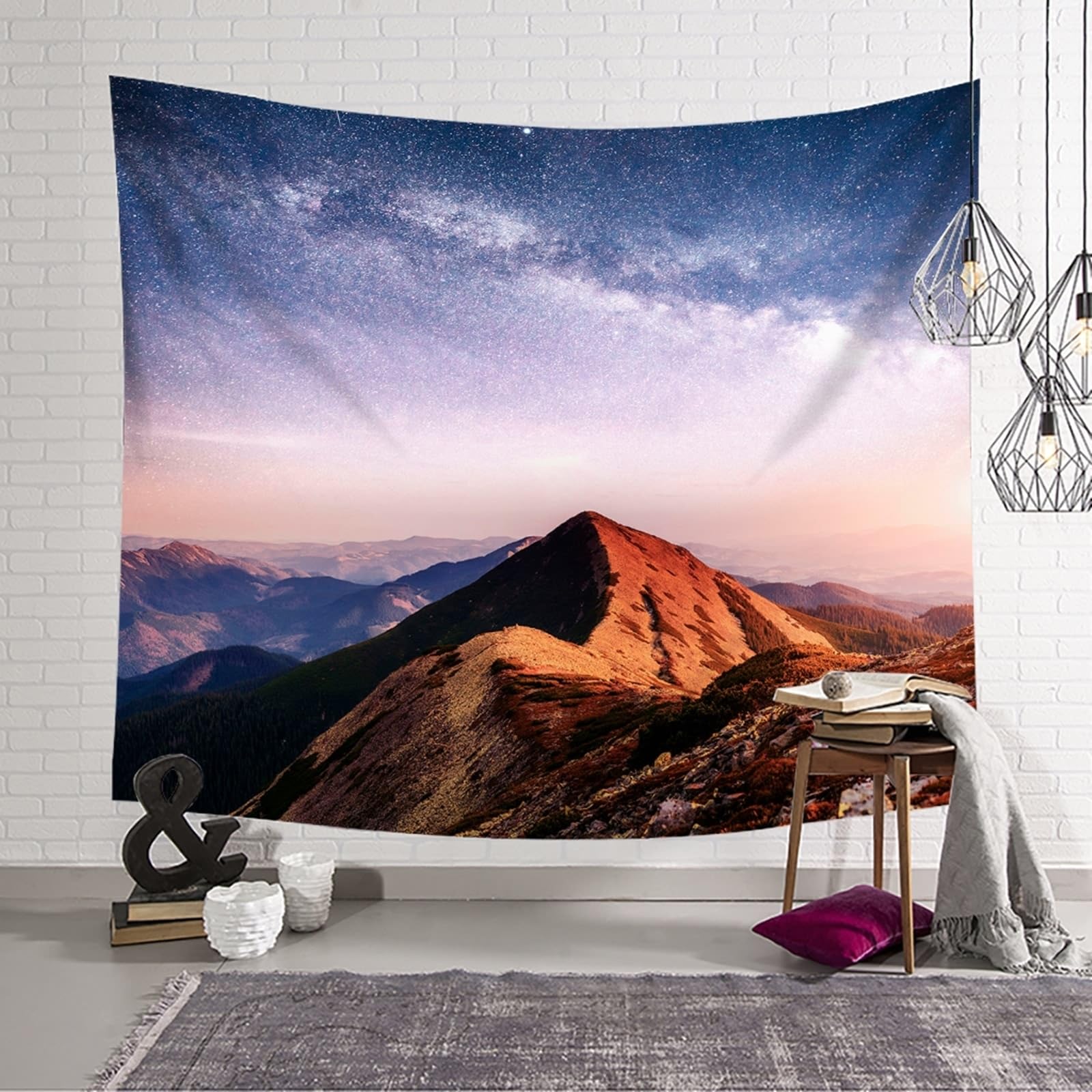 Tapiz natural para recámara, poliéster, multicolor cielo estrellado y paisaje de montaña, 240 x 220 cm
