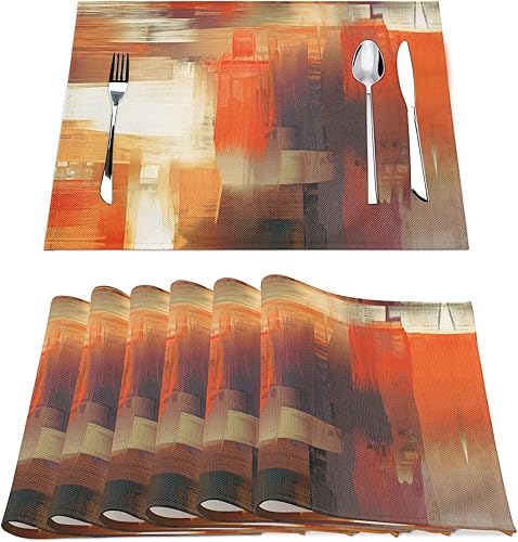 Juego de 6 manteles individuales naranjas para mesa de comedor, arte moderno, pintura abstracta, manteles individuales de lino lavables para cocina,