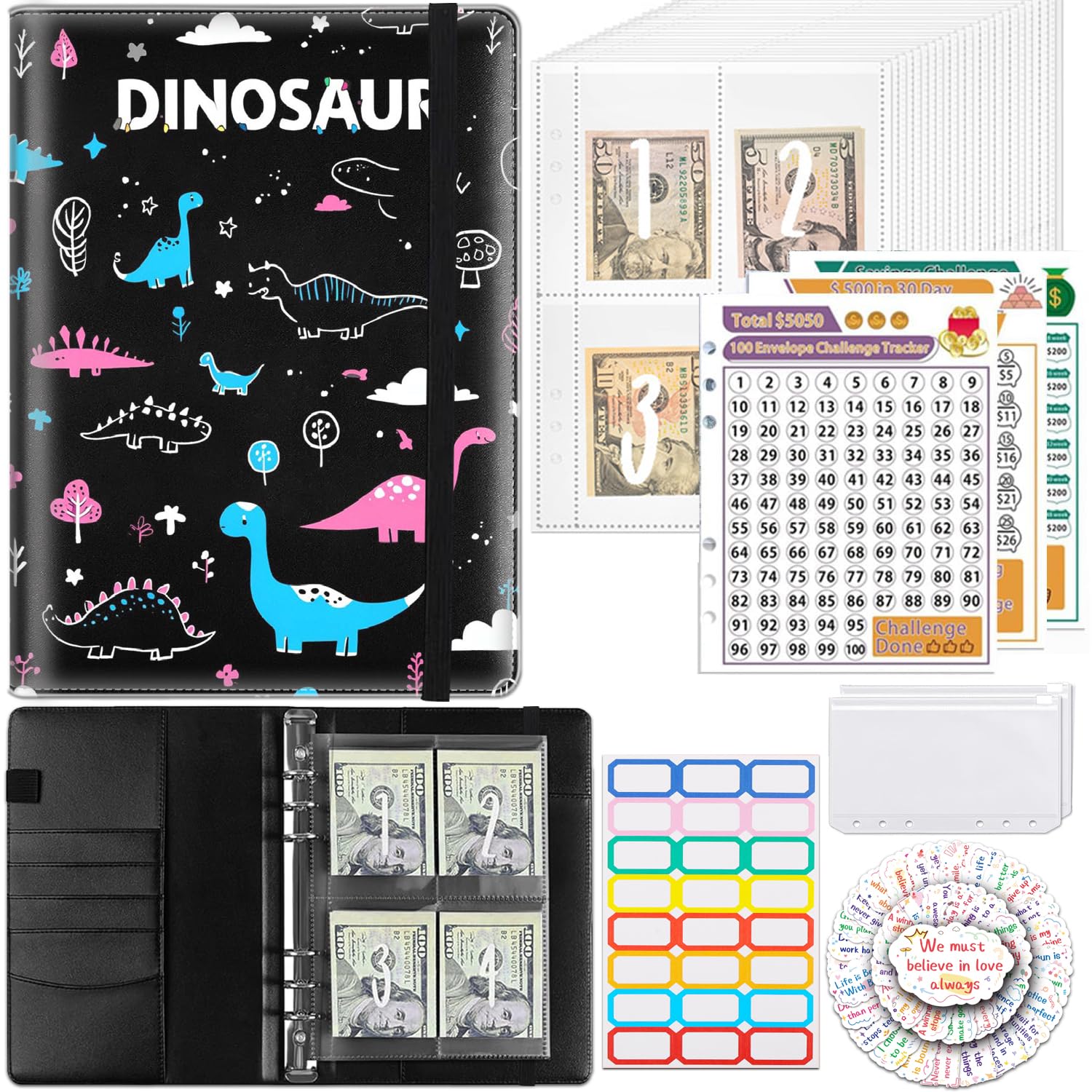 100 Envelopes Money Saving Challenge, Reusable PU Leather A5 Binder with Flexible Saving 3 Sheets Tracker $5050, $10000, $500, Cash Stuffing Binder,