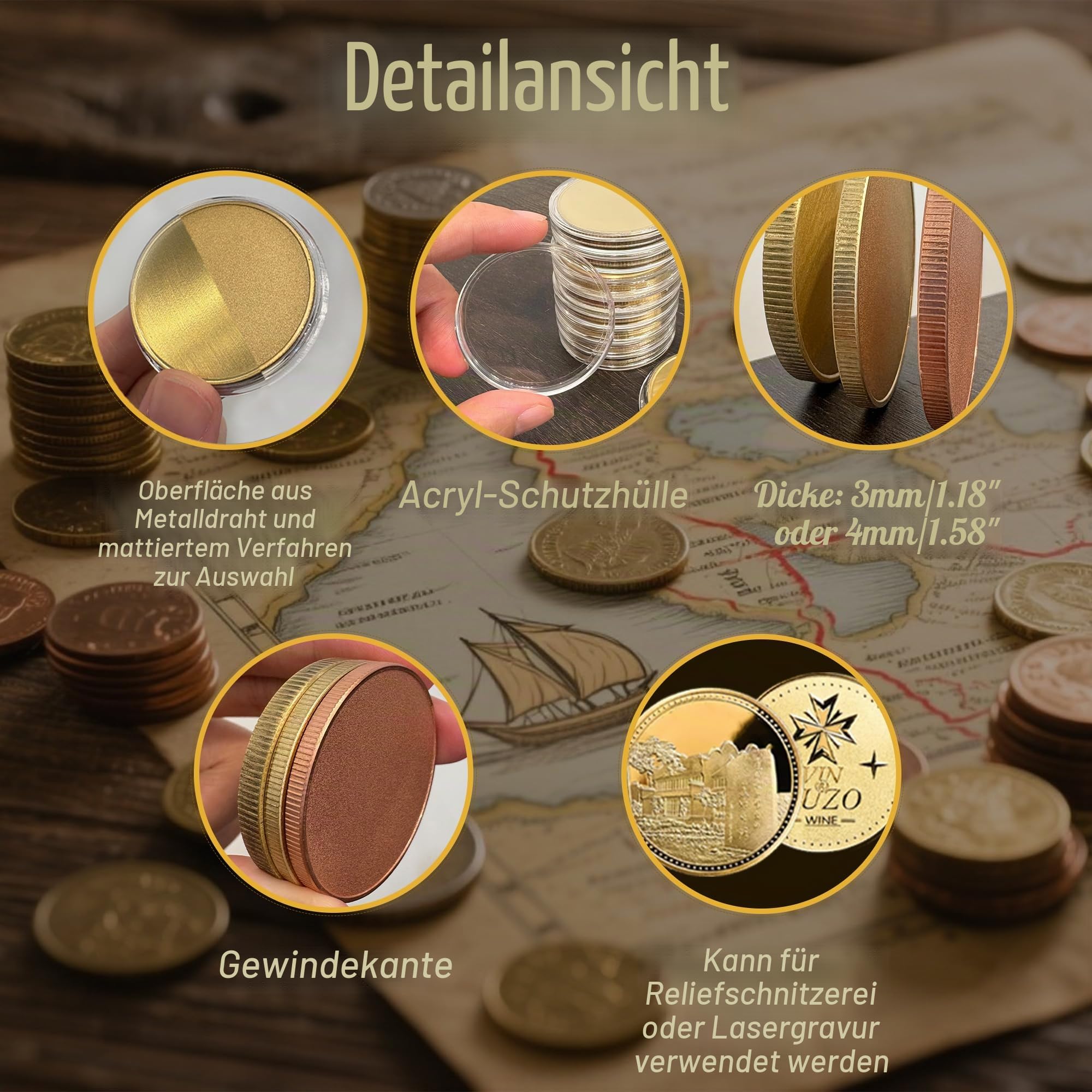 Messingmünzen, Rohlinge, 3 mm dick, benutzerdefinierte Herausforderungsmünze, 40 mm Gewindekante, Acryl-Schutzbox für Lasergravur, DIY-Geschenke, Sammelzubehör (3 mm Messing), 20 Stück