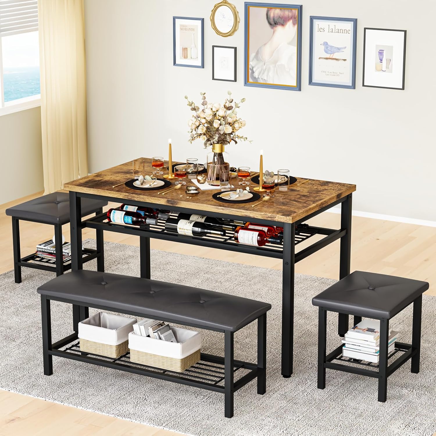 Lamerge Kitchen Tables Set for 4, Rectangular Dining Room Table Set with Bench and Stools, 4 Pieces Dining Room Table Set with Storage Rack for Small Space, Breakfast Nook and Apartment, Brown Black