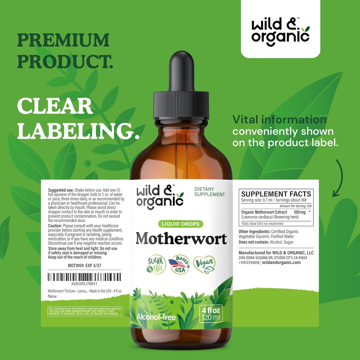 Wild & Organic Motherwort Tincture - Good Mood, Calmness, Overall Support - Supplements for Women with Motherwort Herb - Vegan, Sugar & Alcohol-Free Extract Drops - 4 fl oz - Image 9