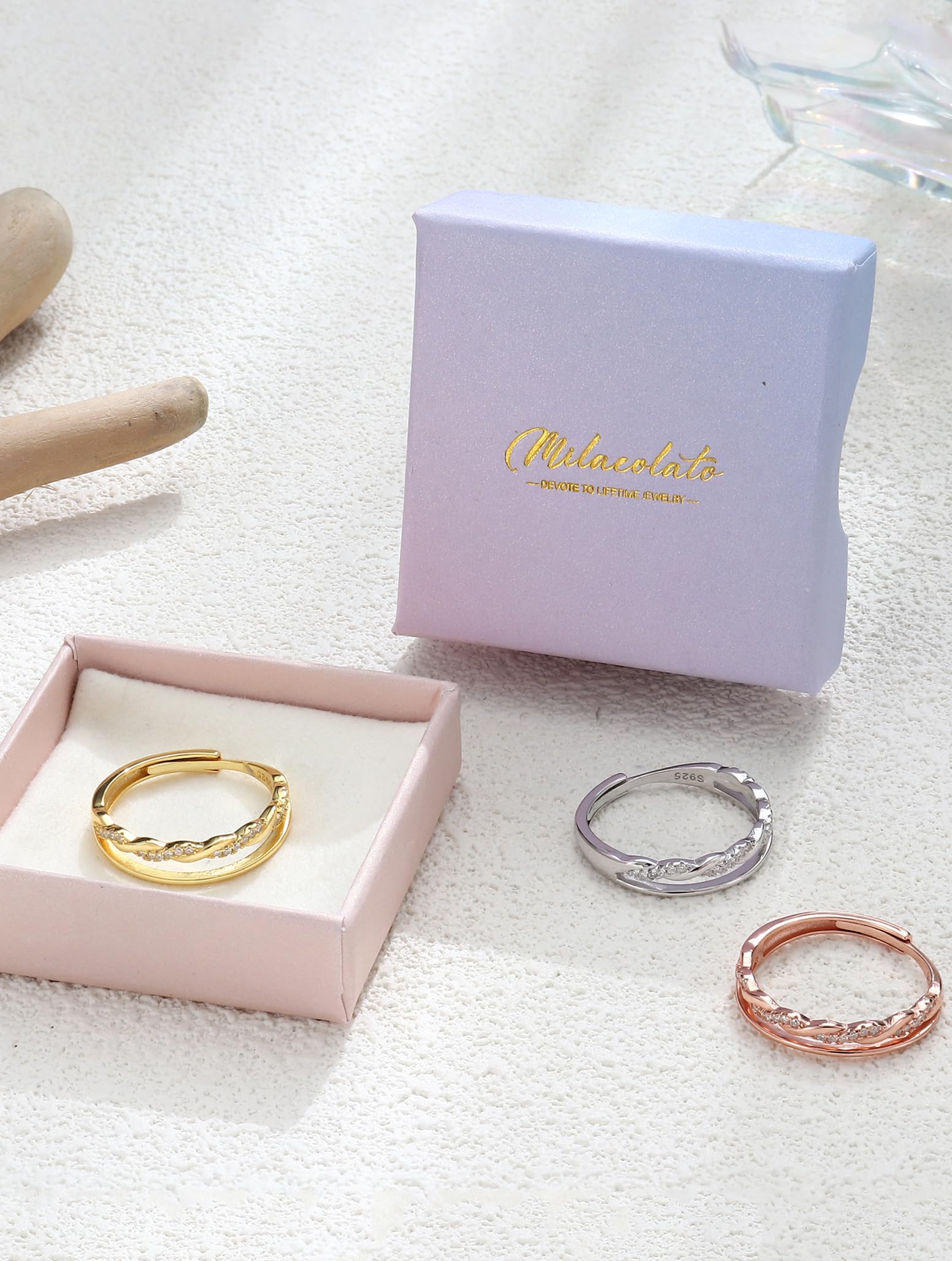 MILACOLATO 925 Bague en Argent Sterling Délicate Torsadée Zircone Cubique éternité Promesse Alliance Bague Bague de pouce Réglable Bague en Or Rose Or Argent Bague pour Femmes Dames Filles