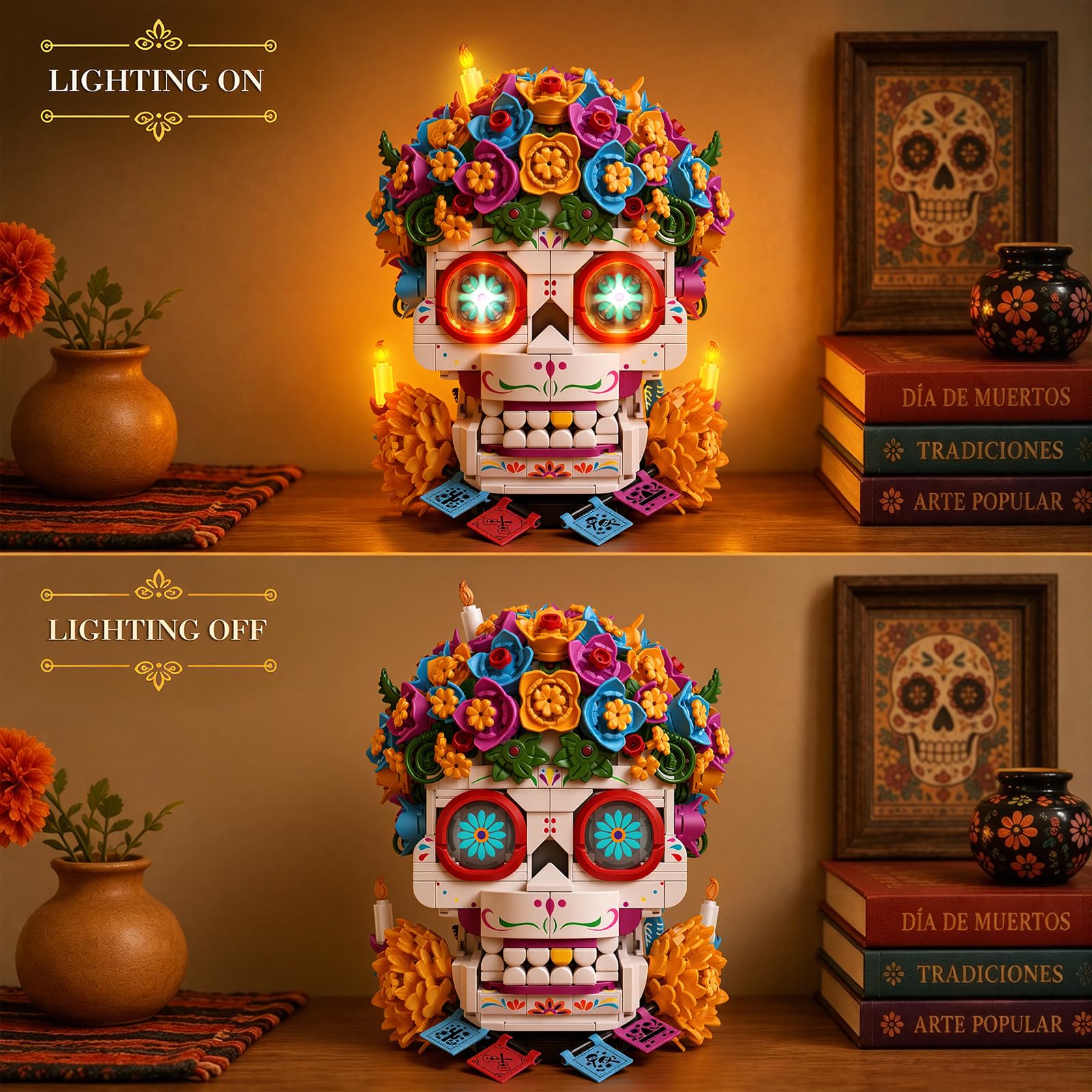 JMBricklayer Calavera Zuckerschädel Totenkopf Klemmbausteine mit LED 40008 | 986PCS Calavera Día de los Muertos Blumen Deko Bausatz mit LED Augen, 3 Kerzen & Gedenkaltar. Für Erwachsene ab 14