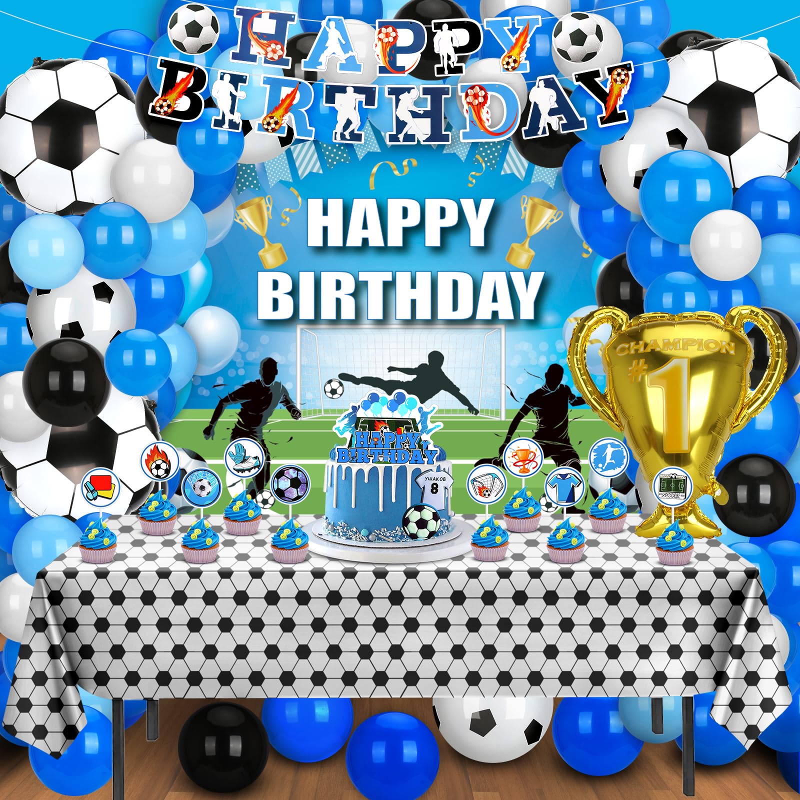 Soccer Birthday Party Decorations, 131PCS Blue Soccer Birthday Party Supplies Including Tablecloth Backdrop Banner Cake Topper Latex Balloons Foil