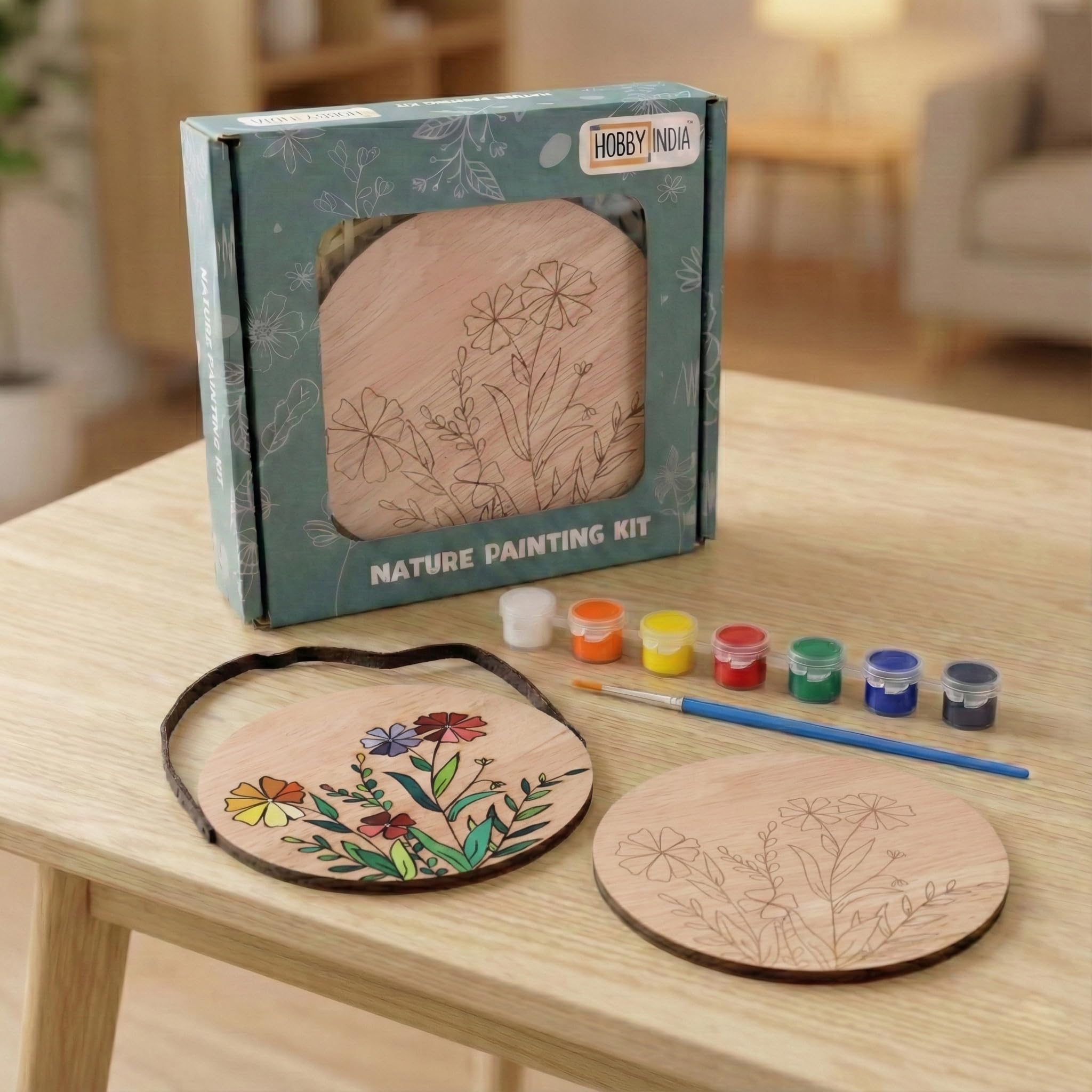 Wooden Painting Kit Set for Kids & Adults | DIY Wall Decor Art & Craft | Round Tree Circle Coaster | Home & Office Hanging Decoration | Birthday Gift for Girls & Boys (Natural Flower)