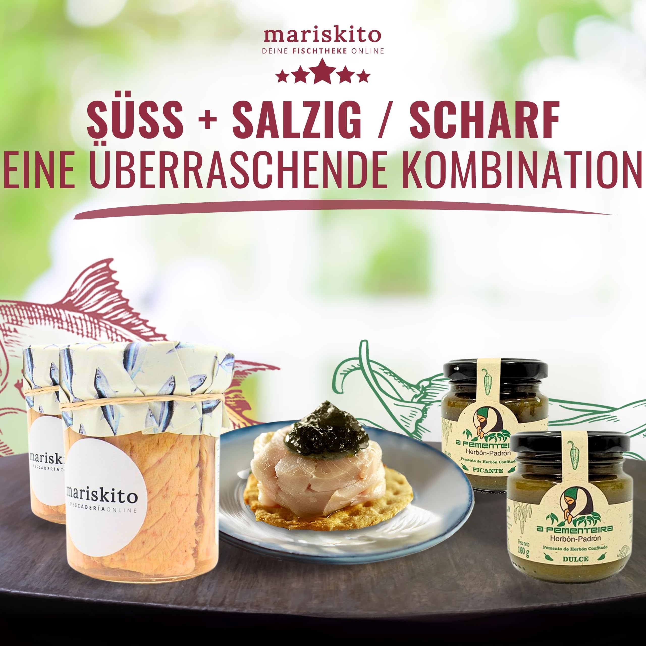 MARISKITO | Geschenkbox mit galizischen Gourmetprodukten – Paket mit Weißem Thun, süß-scharfer Paprikamarmelade und einer Flasche Wein – Weihnachtspräsente, Jubiläen, Feiern – La Mar de Bonito