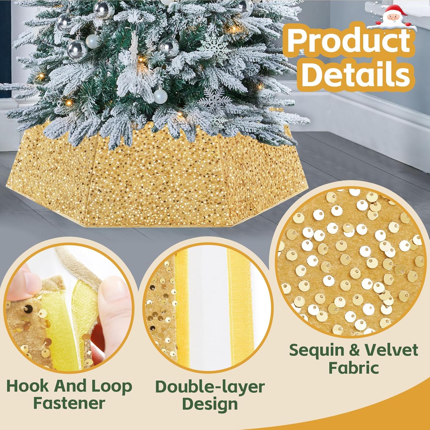 Gold Tree Collar for 9 ft Tree 31.49 Inch Shimmer Christmas Tree Ring Velvet Tree Skirt Cover for Xmas Pencil Tree Holiday Decor