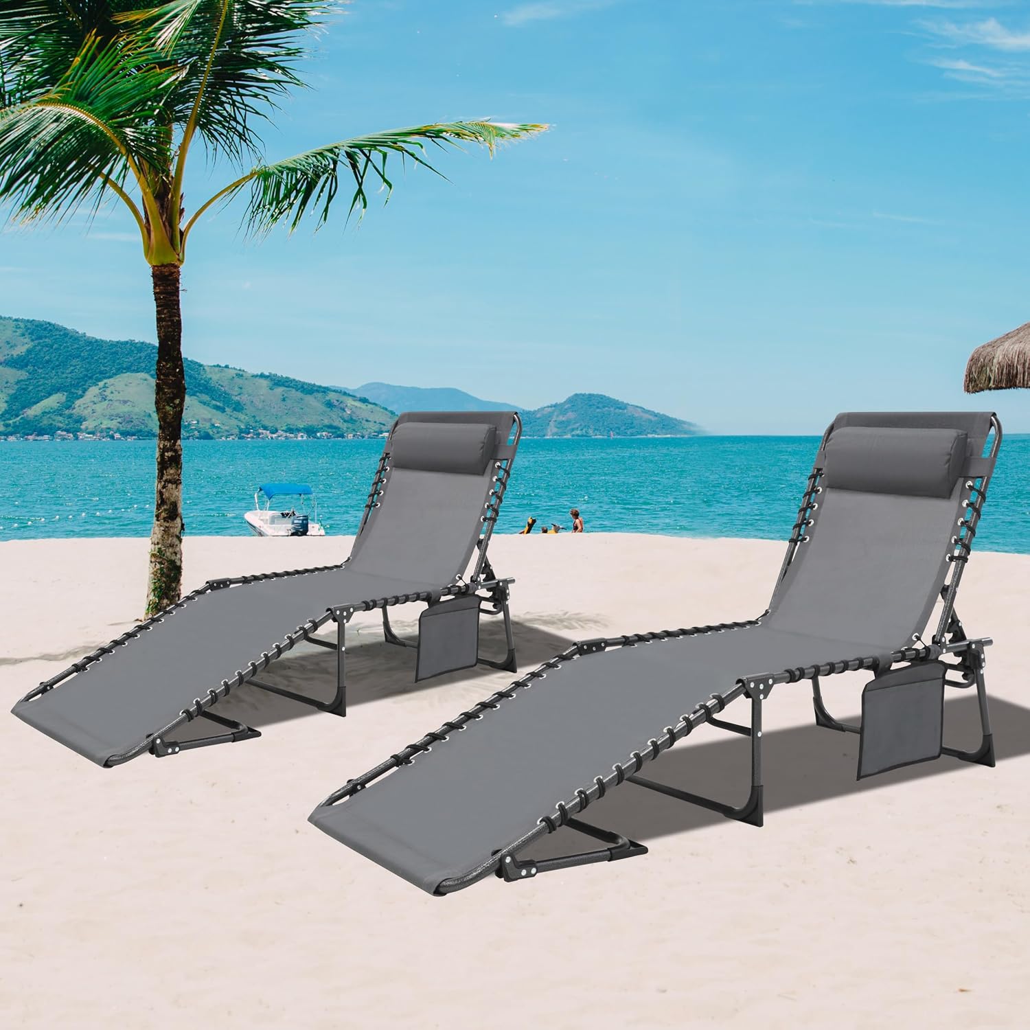 BlueWish 2 Pack Patio Chaise Lounges, Folding Lounge Chair with Adjustable Backrest, Outdoor Chaise Lounge with Removable Pillow & Side Pockets for Poolside, Beach, Garden, Grey