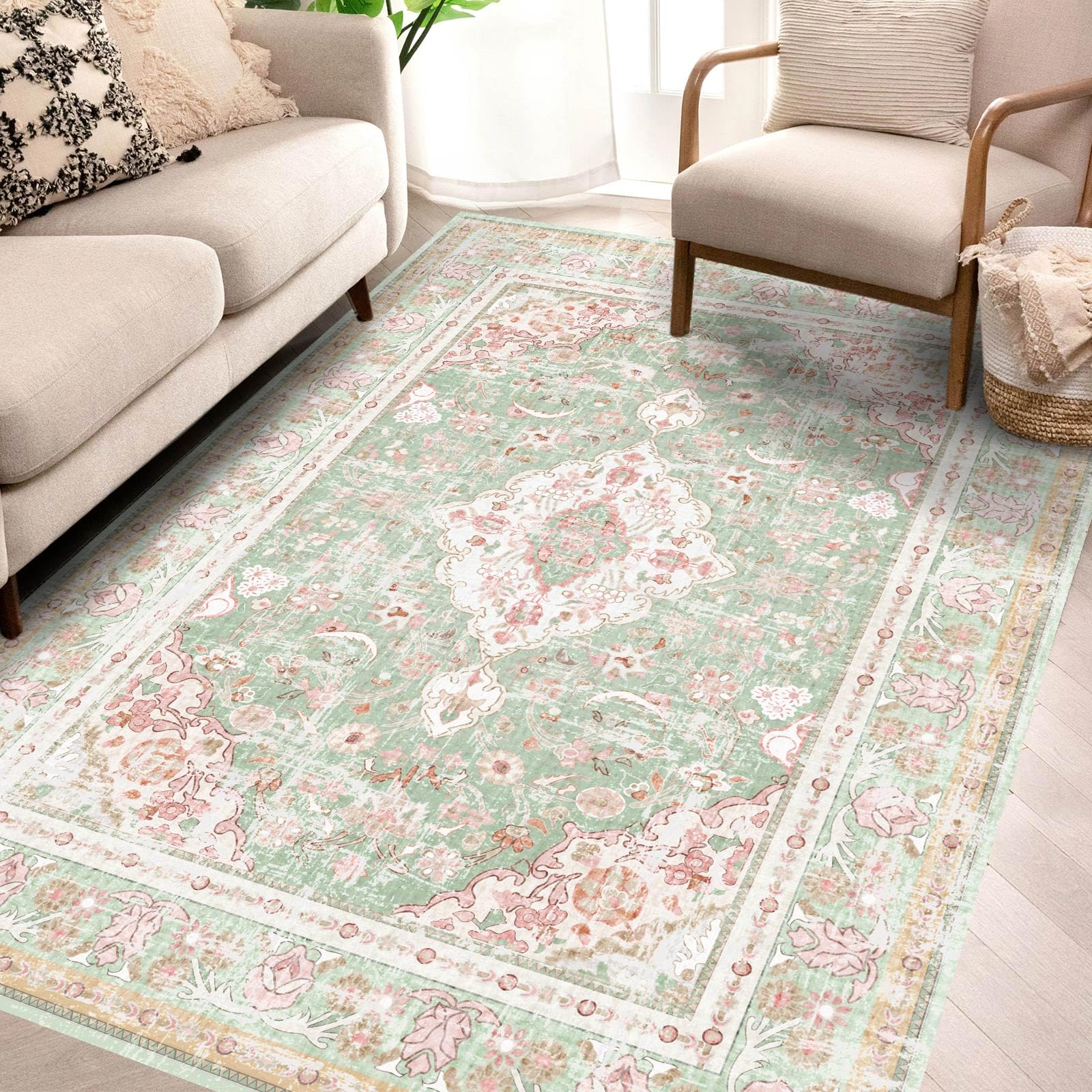 Vhong Washable Rug, Boho, Vintage, Modern, Neutral, Small Rug, Green and Pink, High Traffic, for Dining Room, Living Room, Bedroom, Farmhouse, Non-Slip โ image 1
