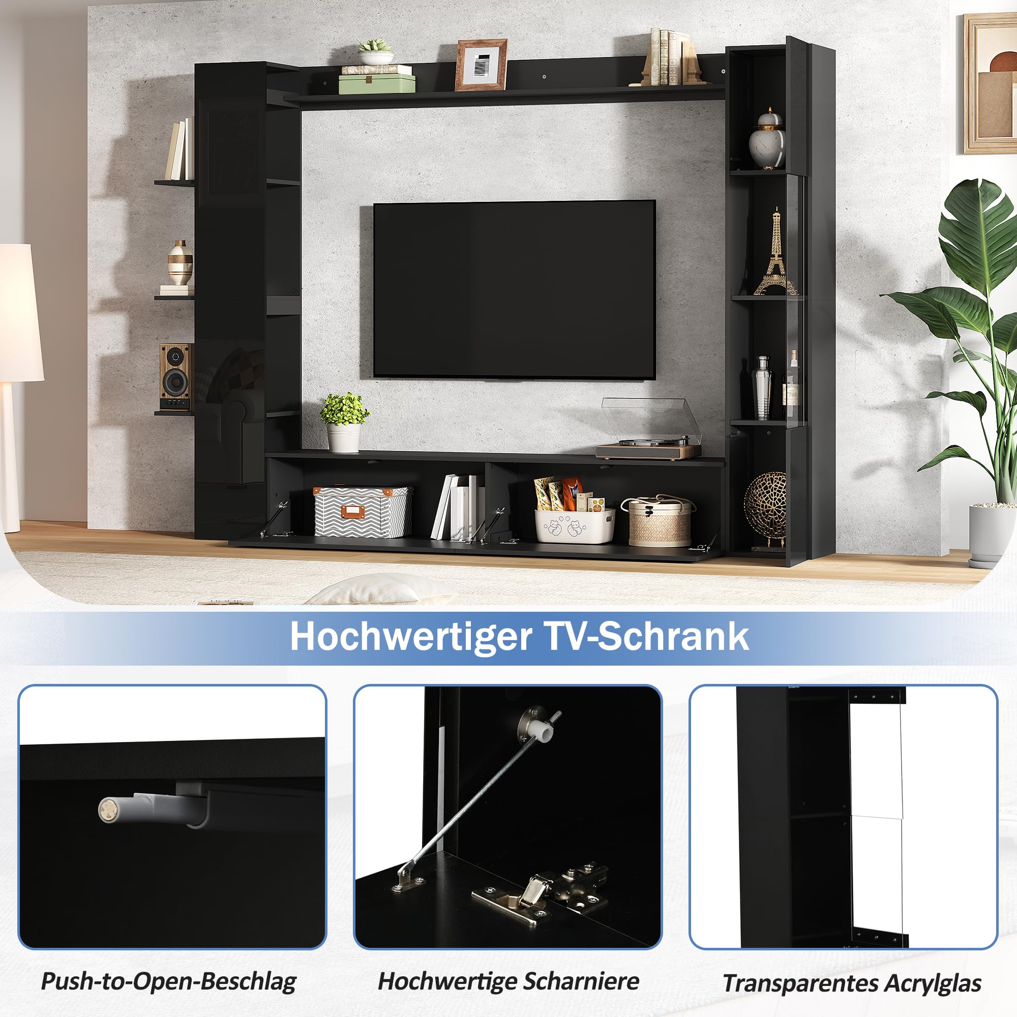 Parete per soggiorno, vetrina, porta intercambiabile, set da 4 pezzi, parete compatta con molto spazio di archiviazione, armadietto TV, vetrina, armadietto di immagazzinaggio, appositamente
