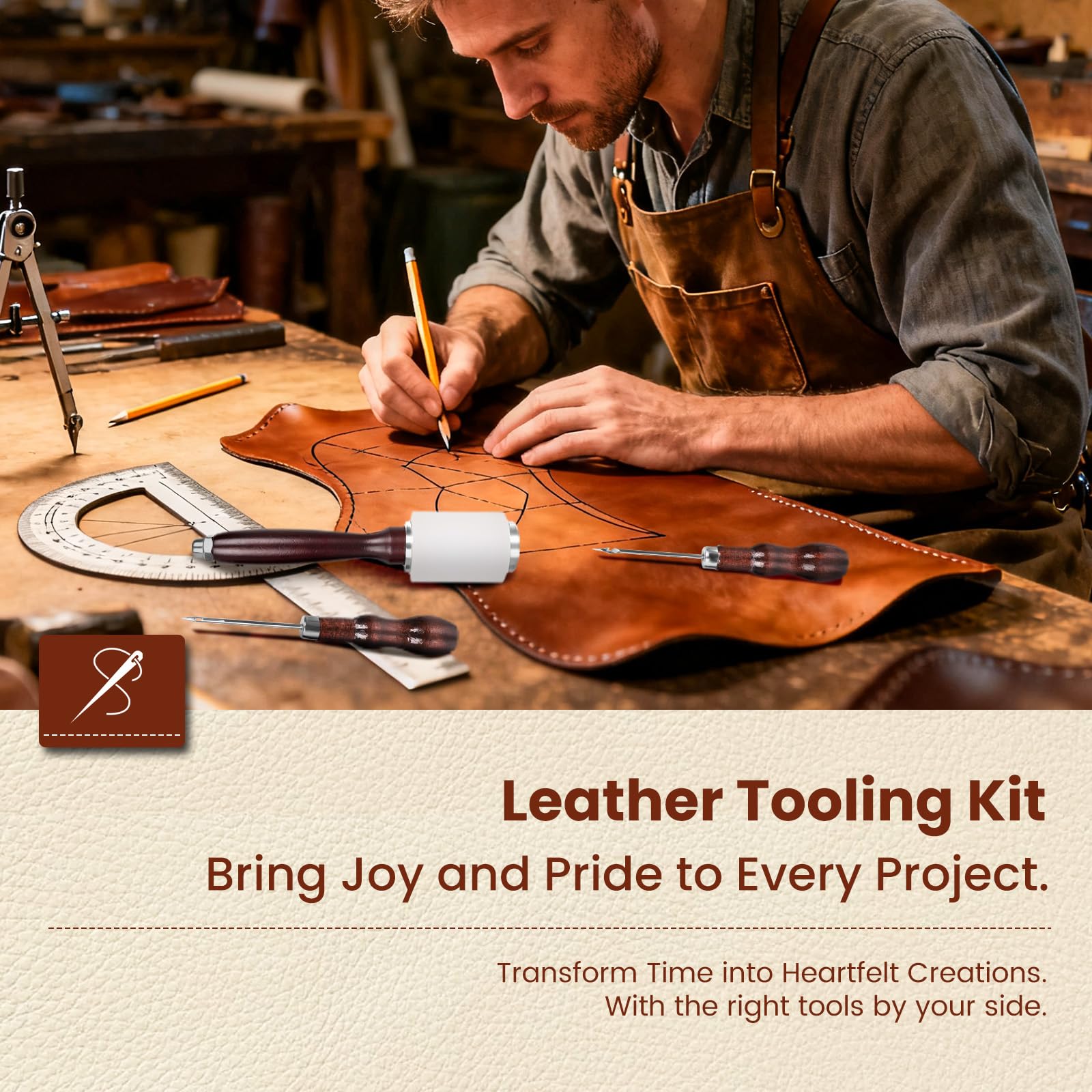 ZAMQIU Lederarbeitsset, 155-teiliges Leder-Werkzeugset mit Schnitzen, Stempeln, Nähen, Stanzen, Schneiden, Lederbearbeitungswerkzeug-Set für Anfänger, DIY Handwerk Starterset für Brieftasche, Gürtel