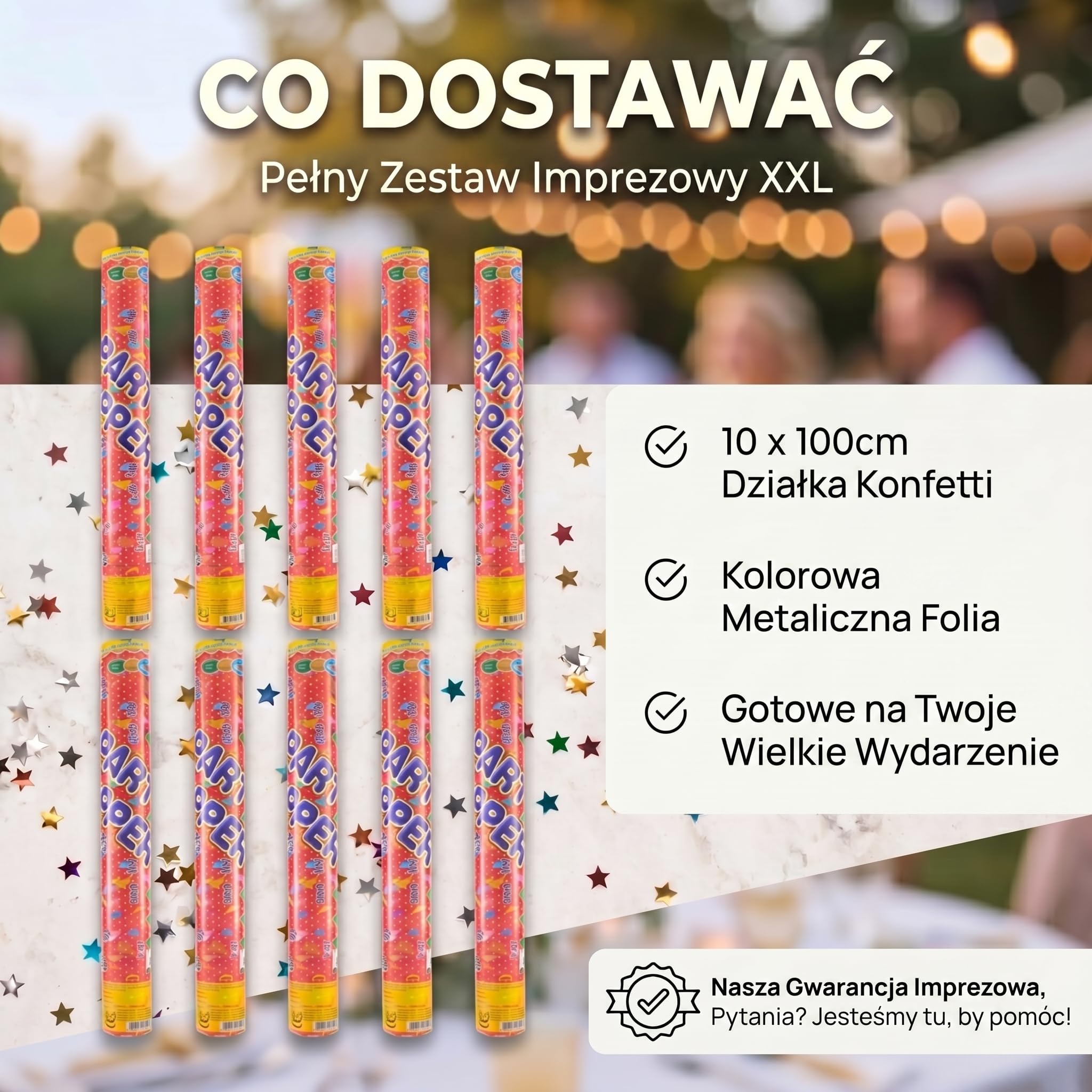 GOODS+GADGETS® Konfetti Armata XXL 100 cm – Party Popper 10er Set | Kolorowa strzelanka konfetti do 8 m – bez pirotechniki, metaliczna folia ognioodporna