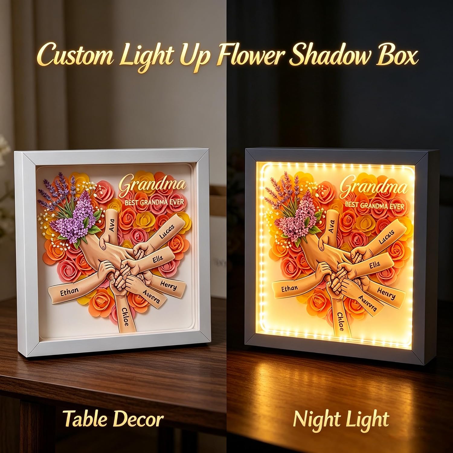 Custom Mom Flower Shadow Box with Kids Names & Lavender, Light Up Mothers Flower Box Frame, Mom We Love You Picture Frame for Mother's Day, Birthday, Tabletop or Wall Hanging (10*10in)