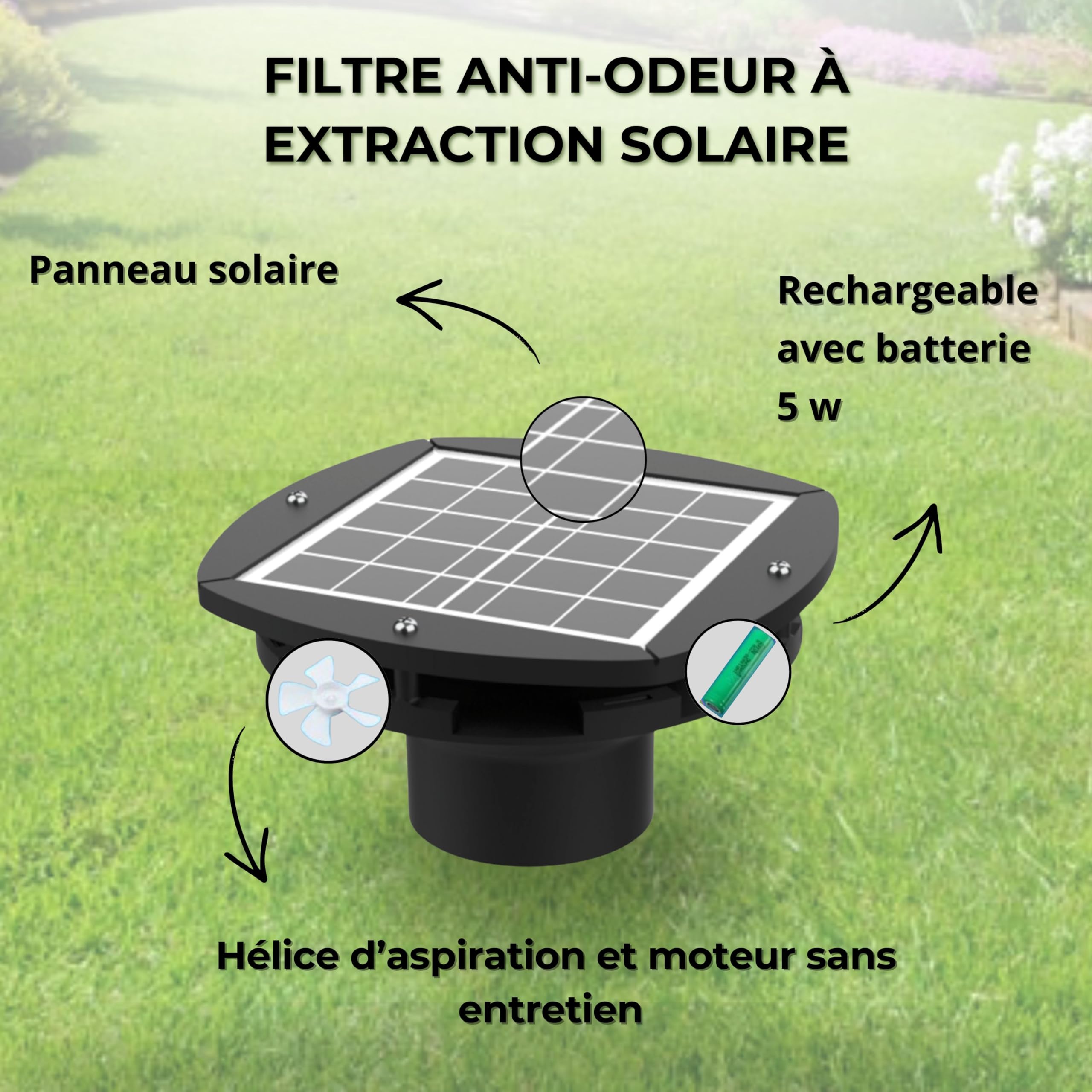 Extracteur Solaire Rechargeable pour Fosse Septique, Ventilation Secondaire, Autonome 24h/24 & Silencieux - HYDRODIV