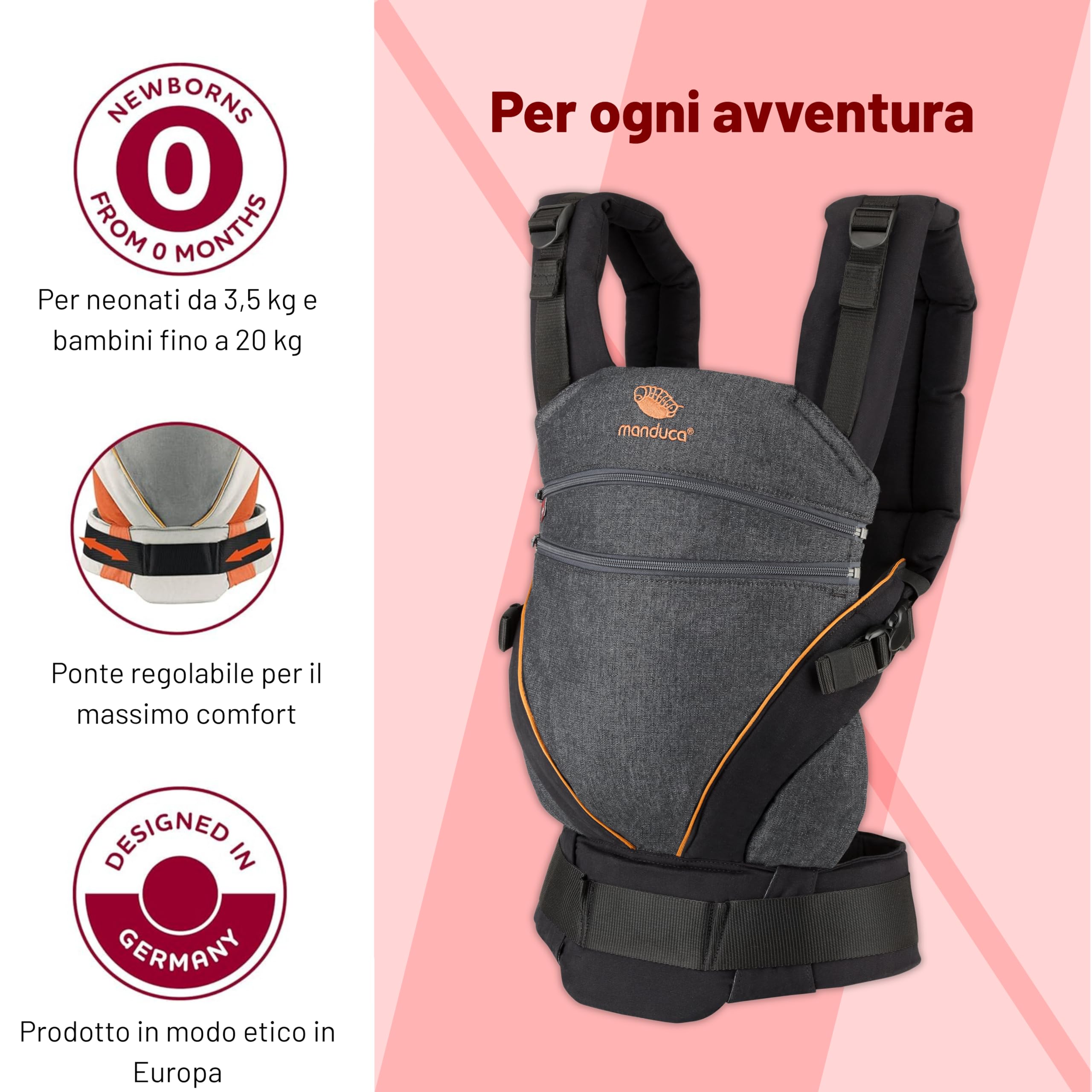 Manduca Xt Marsupio Bambino, Uno per Tutti, Marsupio Ergonomico e Flessibile Con Seduta Regolabile per Neonati e Bambini Fino a 20kg, XT Cotton Edition, Cotone Biologico Denim Nero + Caramello