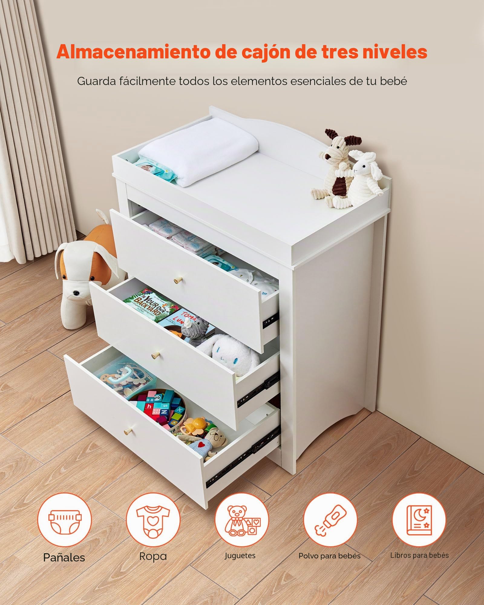 VEVOR Cambiador, Cambiador Moderno y Multifuncional de Pañales para Bebé 462 x 851 x 1010 mm con 3 Cajones y Organizador de Almacenamiento, Carga de 45,36 kg para Habitación Infantil, Blanco