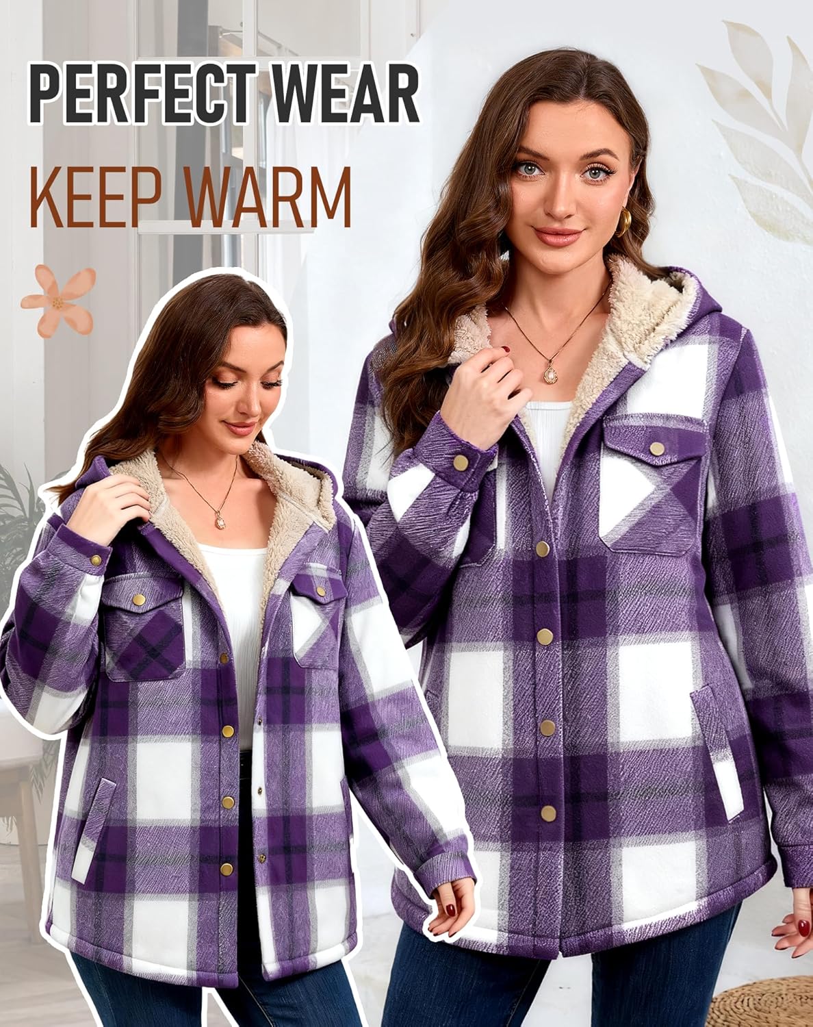Elesuit Women's Fleece Flannel Jacket Plaid Sherpa Lined Jacket Long Sleeve Button Down Hooded Jackets for Women - Image 6
