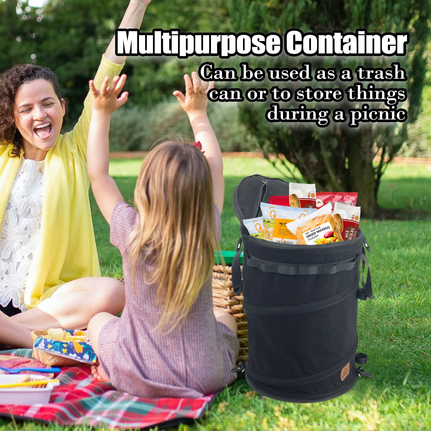 Sutekus Pop Up Storage Bin Collapsible Trash Can Recycle Container Reusable Utility Bag with Zippered Lid for Camping, Laundry, Garden (Black)