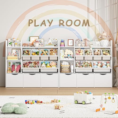 Miniatura 4 de FACBOTALL Organizador de almacenamiento de juguetes con 3 cajones móviles, estantería para niños con 6 contenedores de plástico y 2 cubos de