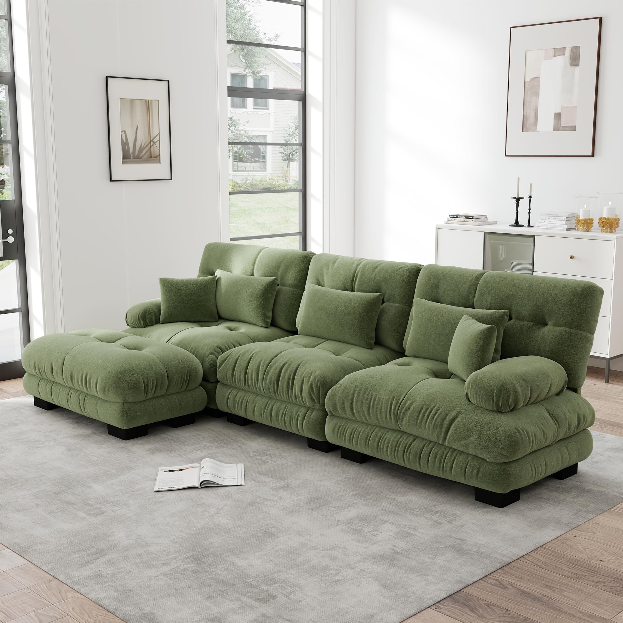 Canapé Modulable 313cm, Canapé 3 Places avec 1 Pouf et Coussins, Structure en Bois Massif, Canapé d'angle Cloud en Chenille, pour Salon et Appartement