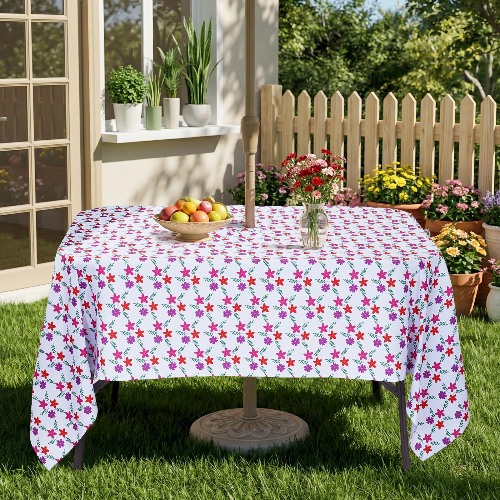 Eternal Beauty 120" x 60" Rectangle Tablecloth Waterproof Outdoor Tablecloth with Umbrella Hole Zipper for Patio Spring Summer Picnic Tables (Red-Purple Flower, 120" x 60" (Rectangular))