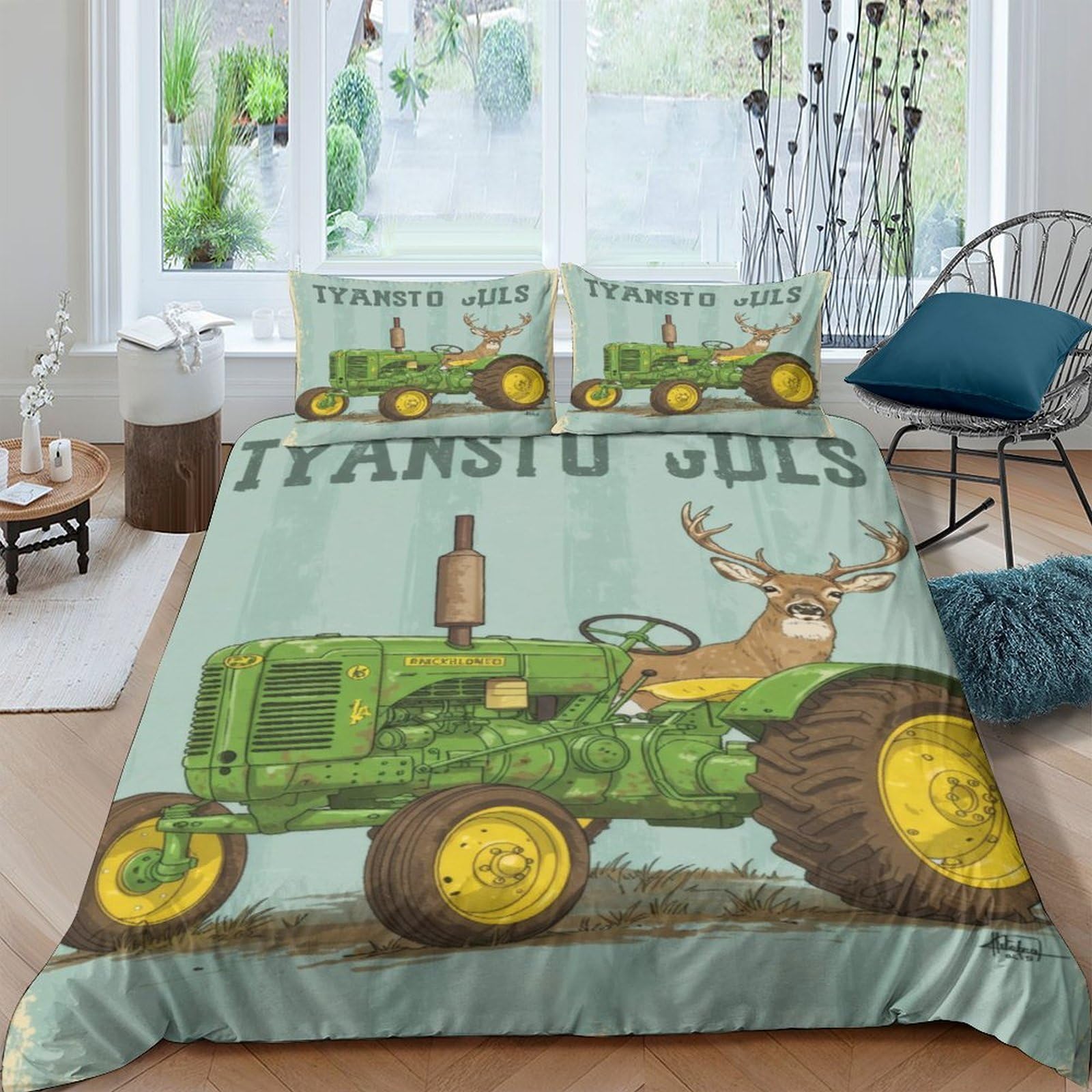 Ctjqhvkz Style-9 3D Printed Green Tractor Fitted Sheet Microfiber Soft Farm Deer Bed Cover For Bedroom Dorm Mattress Protection Decor Single（135X200cm）