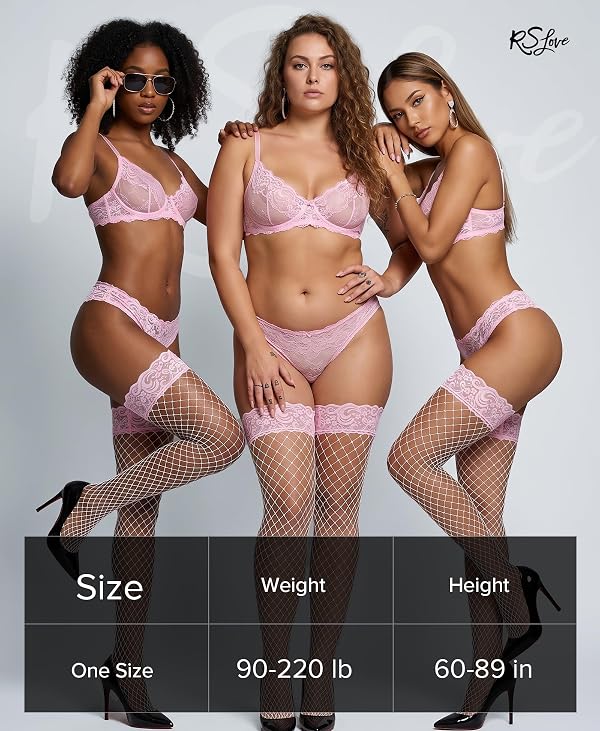 RSLOVE Women's Lace Top Fishnet Thigh-High Stockings with Antiskid Silicone Sexy Stay Up Tights Pantyhose White & Pink One Size by RSLOVE - Used condition - Image 5