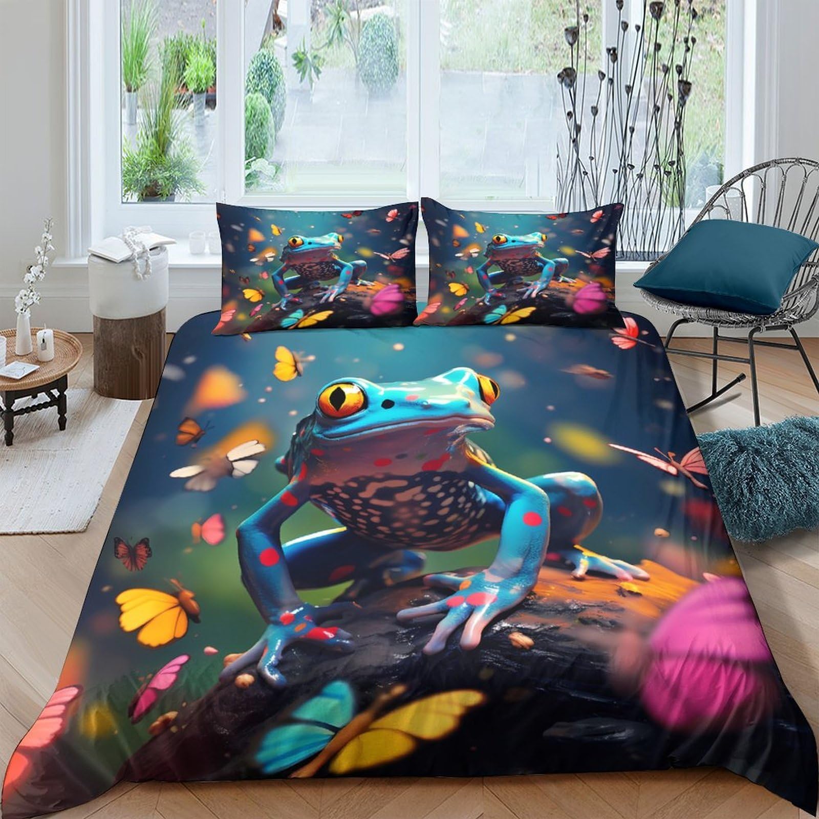 GPLZQXKJNH 3D Printed Vibrant Frog and Butterfly Duvet Cover Set Microfiber Soft Breathable Bedding Set with 2 Pillowcases for Bedroom Decor Single（135x200cm）