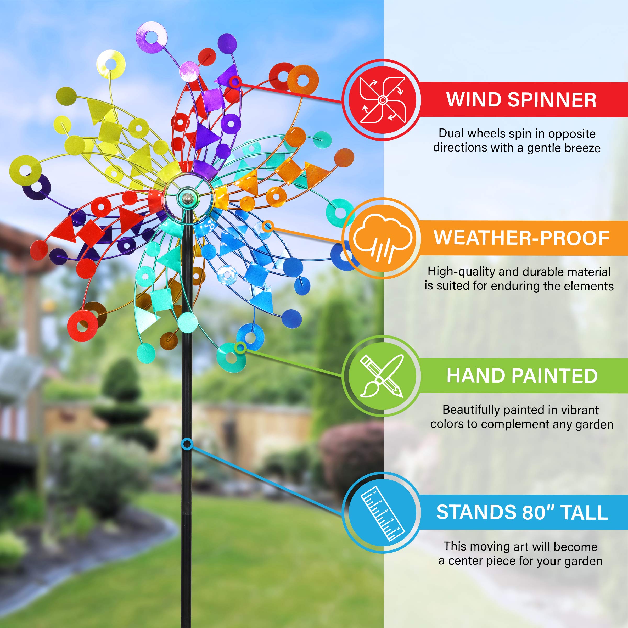 Exhart Rainbow Windmill Garden Stake Colorful Wind Dual Spinner w/Multicolored Dual Metal