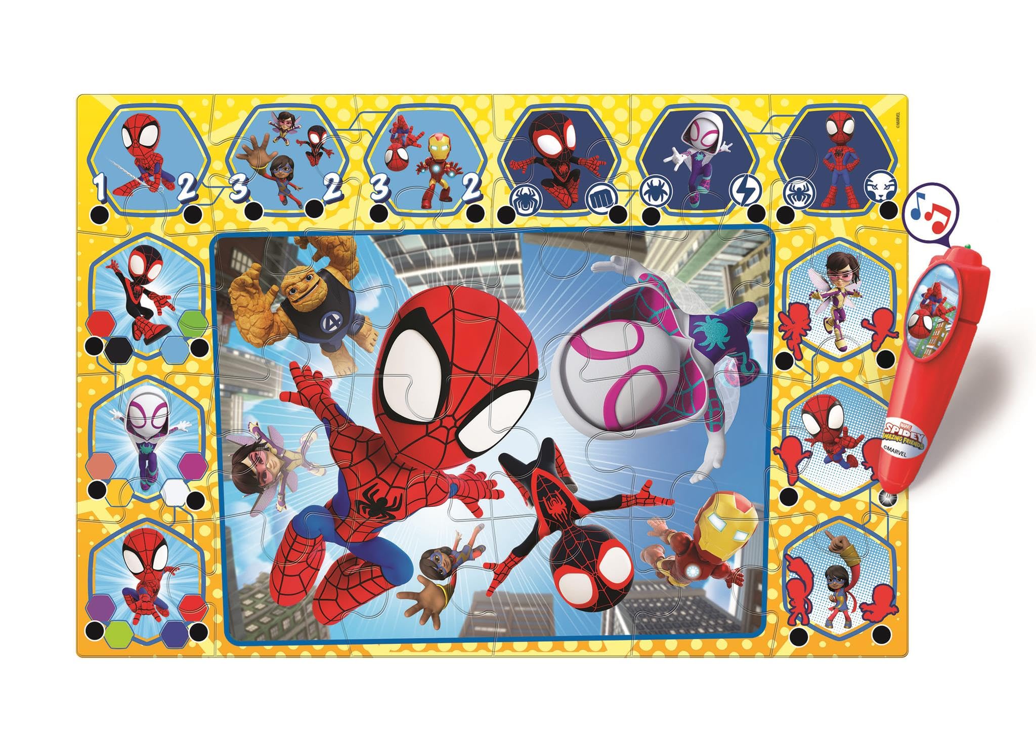 Clementoni - Puzzle Interactivo de Marvel Spidey and His Amazing Friends para Suelo - 24 Piezas, Pen Interativa, Desarrollo Autonomía y Concentración, 3+ Años, 62x42 cm, 16686