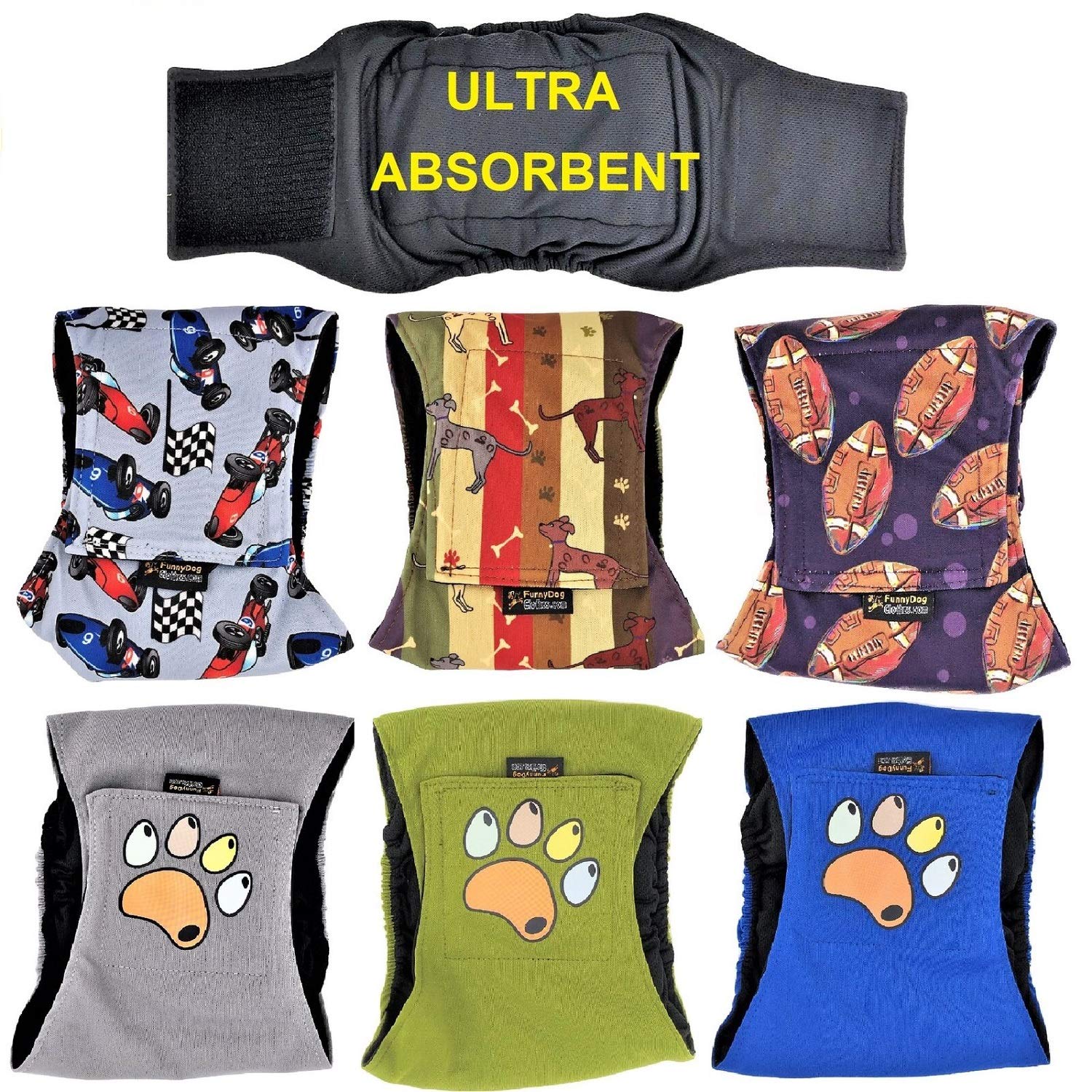 FunnyDogClothing - Pack de 3 pañales para perro macho, 4 capas de almohadillas absorbentes, impermeables, a prueba de fugas, banda para el vientre lavable