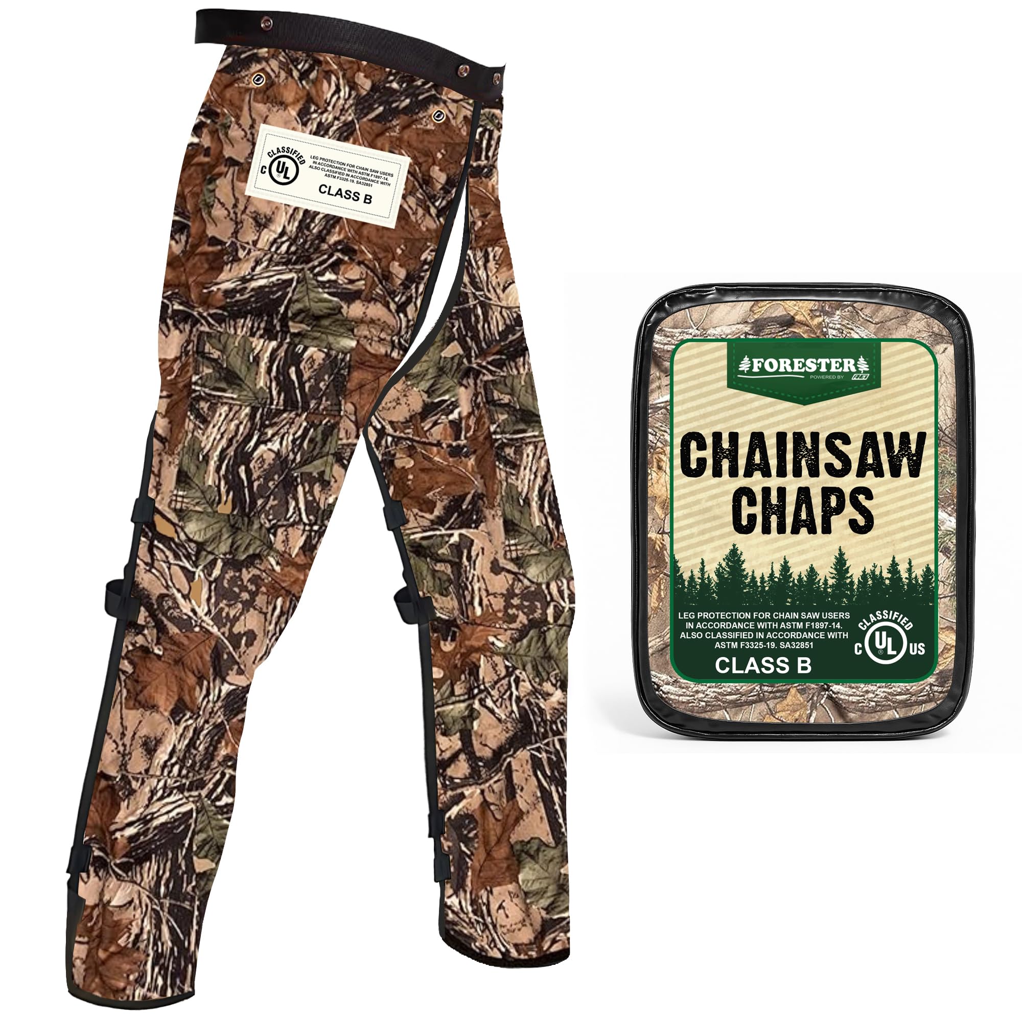FORESTER Kettensägen-Chaps – Forstwirtschaftliche Kettensägen-Sicherheitsausrüstung, robuste Schürzen-Stil, Chap Hose mit verstellbarem Gürtel und Tasche